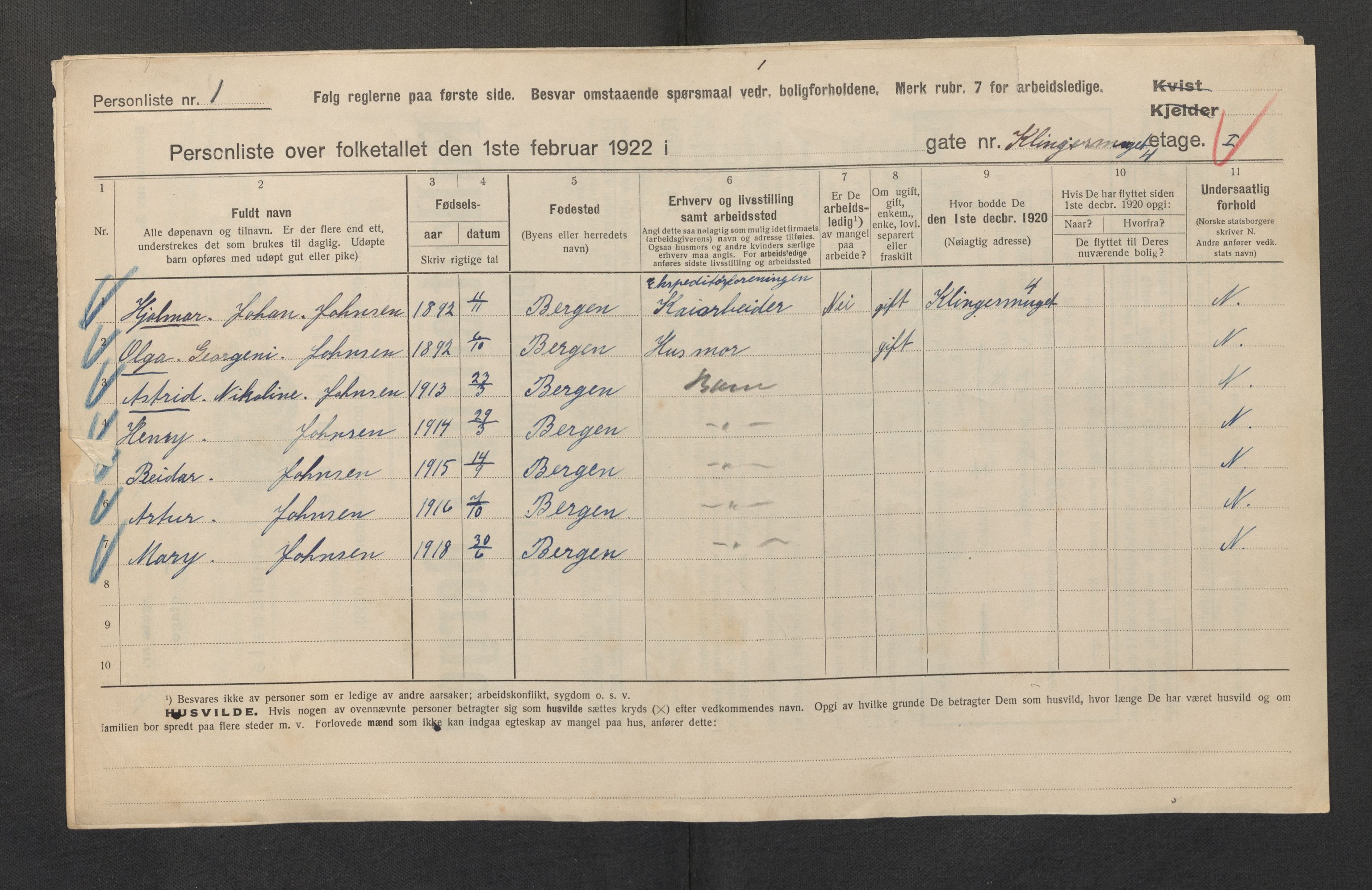 SAB, Municipal Census 1922 for Bergen, 1922, p. 18773