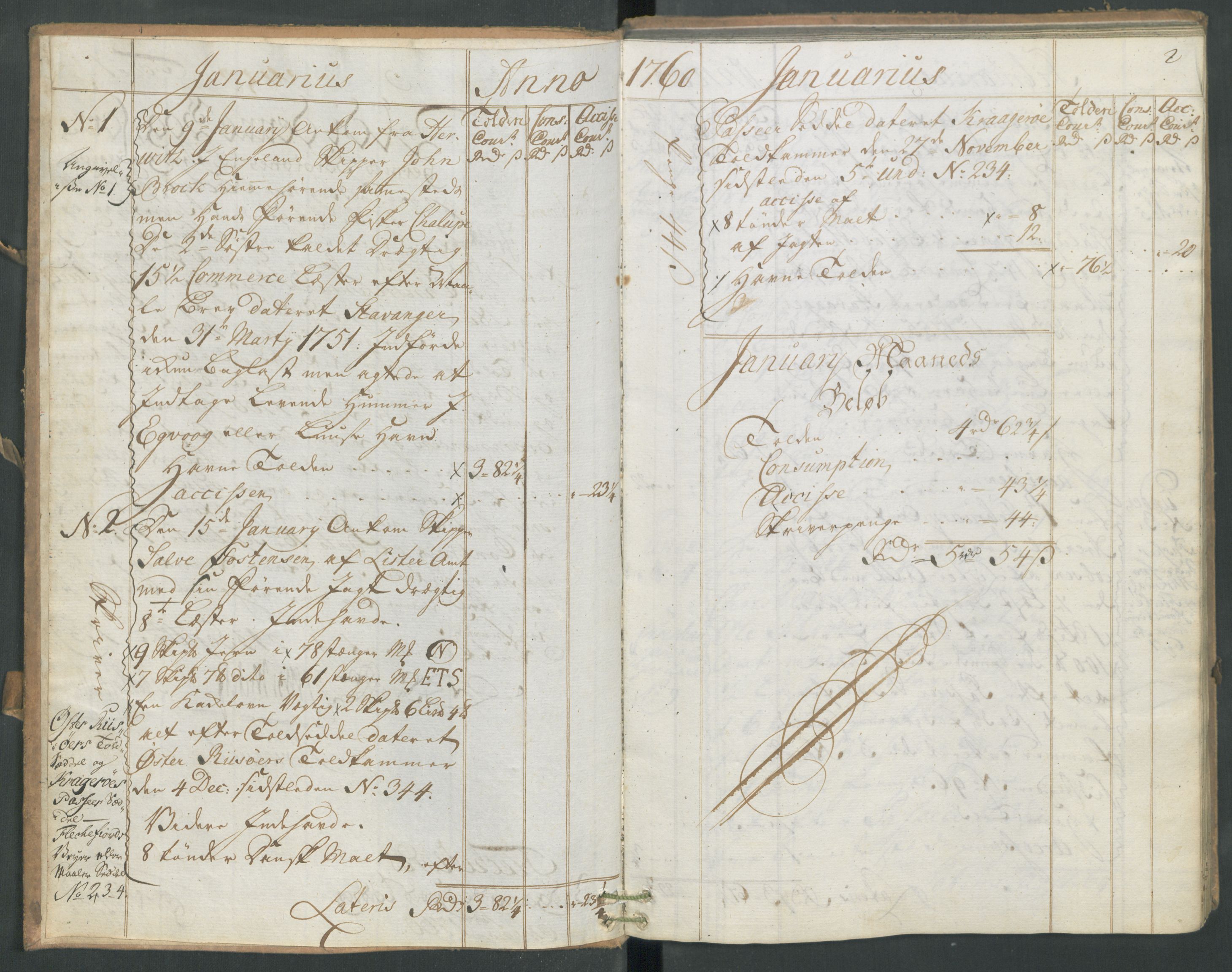 Generaltollkammeret, tollregnskaper, AV/RA-EA-5490/R19/L0019/0001: Tollregnskaper Flekkefjord / Inngående hovedtollbok, 1760