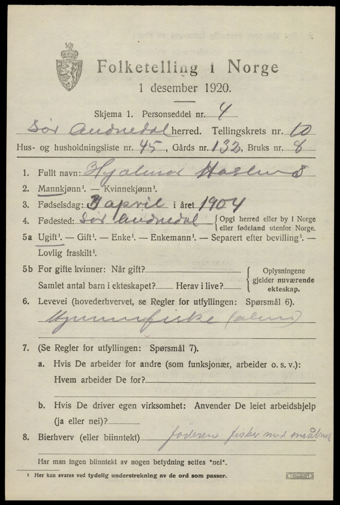 SAK, 1920 census for Sør-Audnedal, 1920, p. 4219