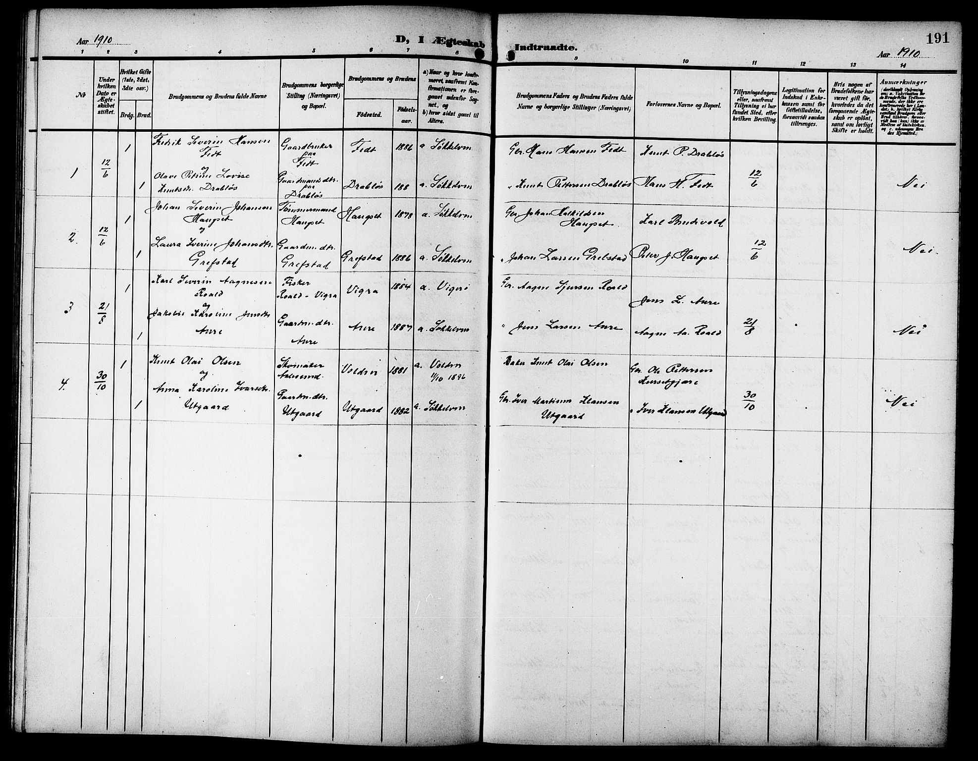 Ministerialprotokoller, klokkerbøker og fødselsregistre - Møre og Romsdal, SAT/A-1454/523/L0341: Parish register (copy) no. 523C04, 1903-1916, p. 191