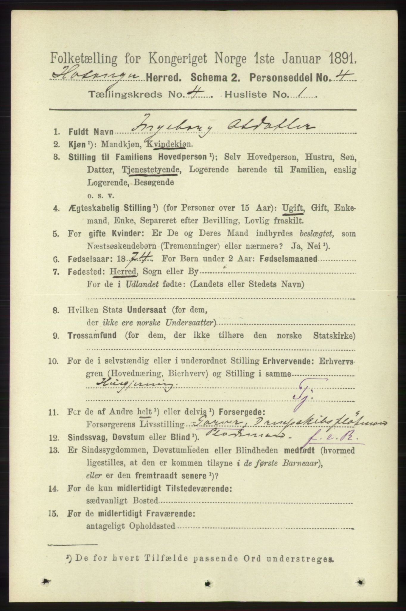 RA, 1891 census for 1253 Hosanger, 1891, p. 1443