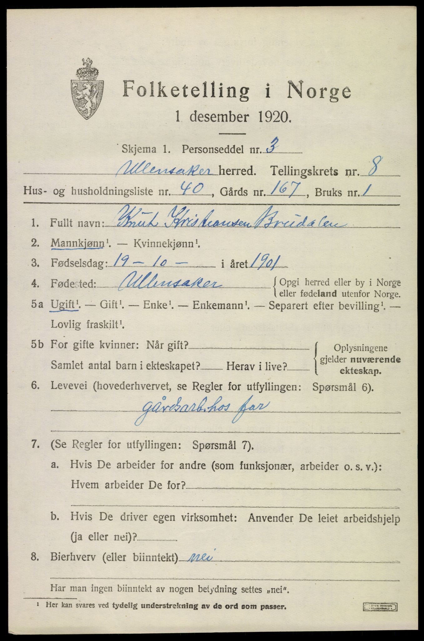 SAO, 1920 census for Ullensaker, 1920, p. 14629