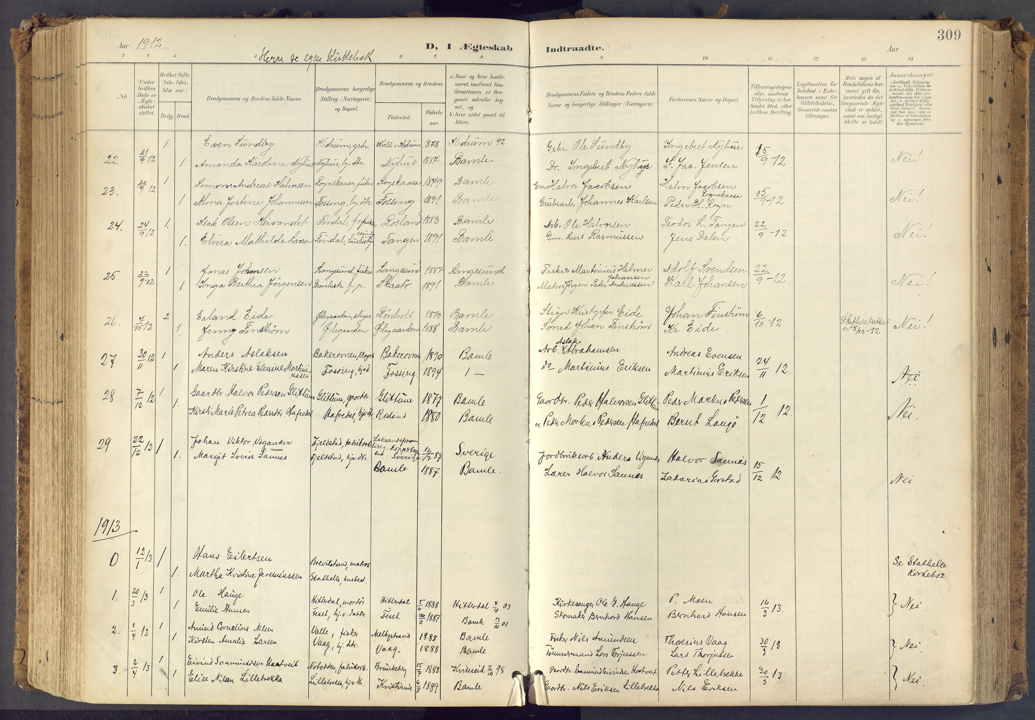 Bamble kirkebøker, SAKO/A-253/F/Fa/L0009: Parish register (official) no. I 9, 1901-1917, p. 309