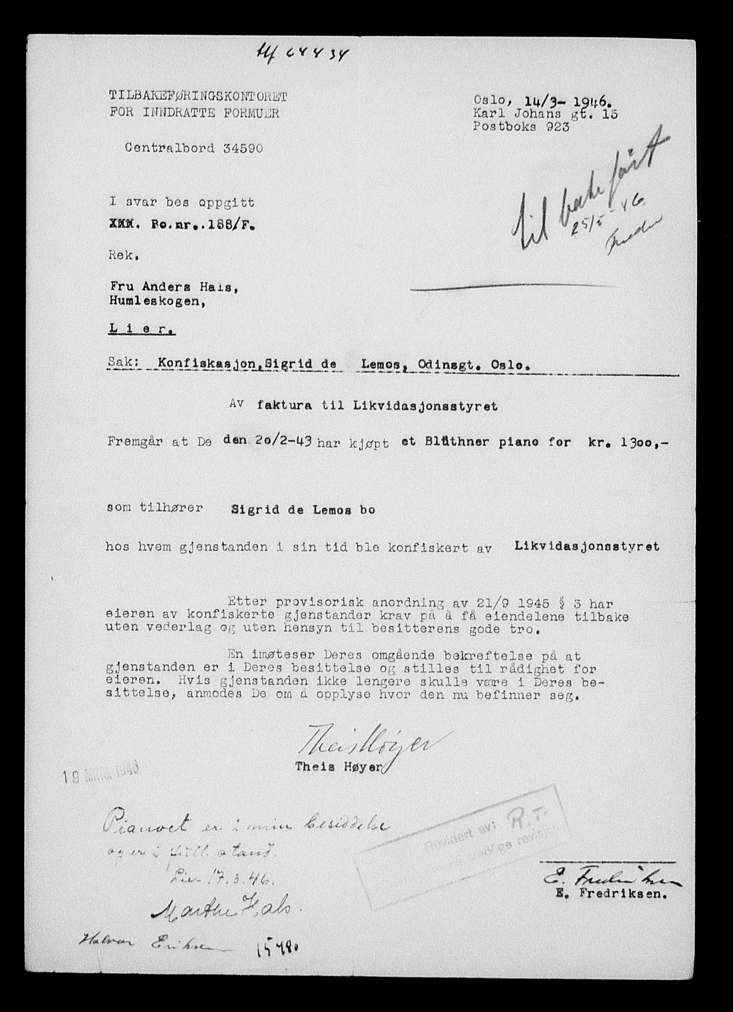 Justisdepartementet, Tilbakeføringskontoret for inndratte formuer, AV/RA-S-1564/H/Hc/Hcc/L0956: --, 1945-1947, p. 205