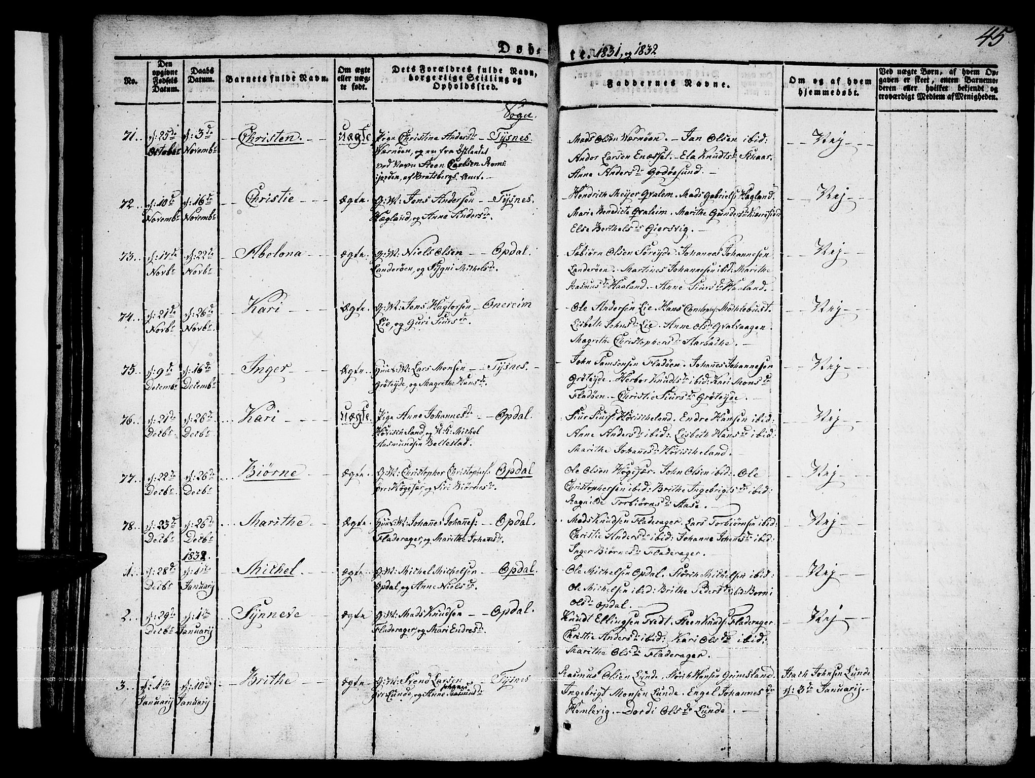 Tysnes sokneprestembete, SAB/A-78601/H/Haa: Parish register (official) no. A 8, 1826-1837, p. 45