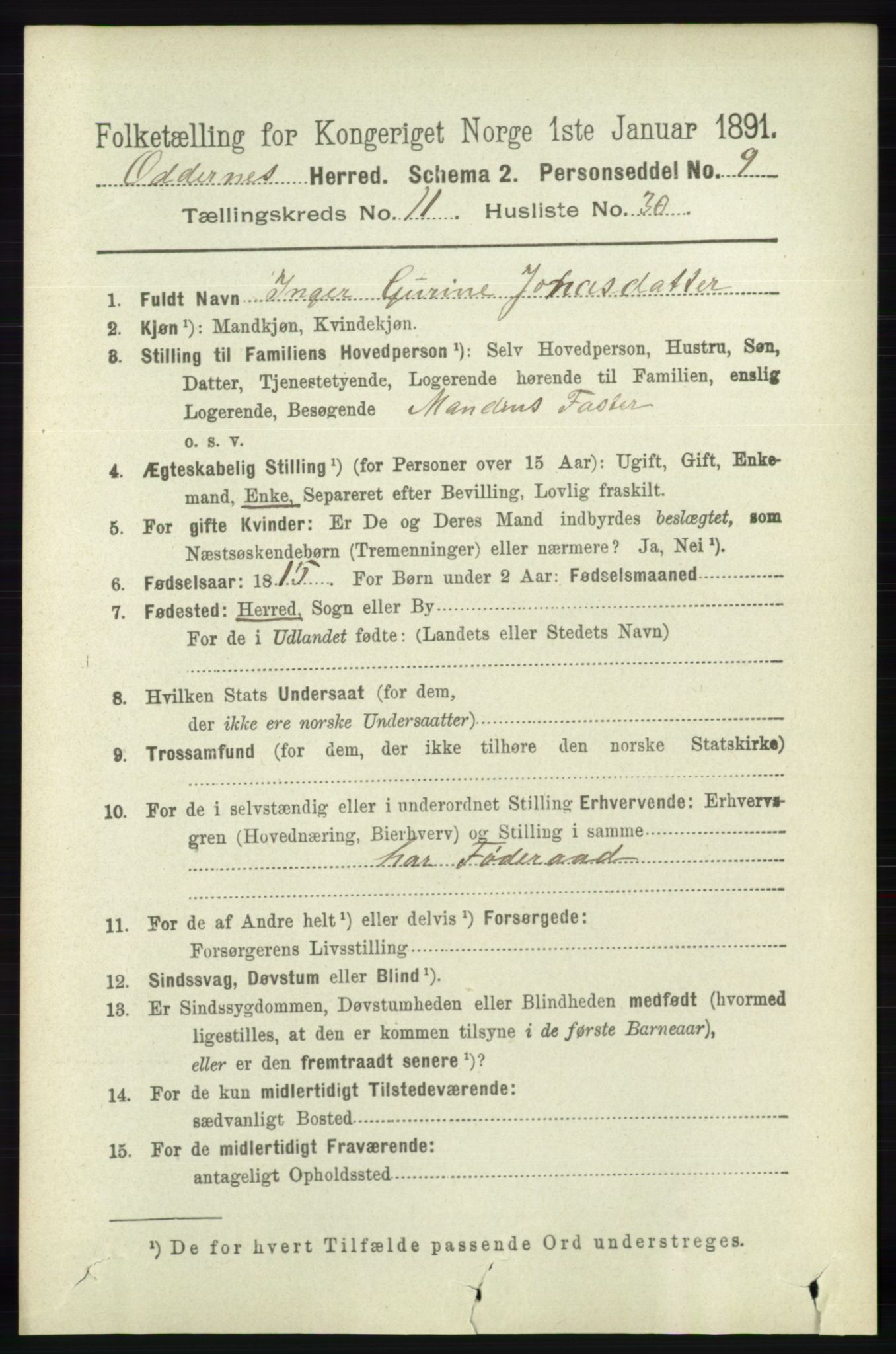 RA, 1891 census for 1012 Oddernes, 1891, p. 4306