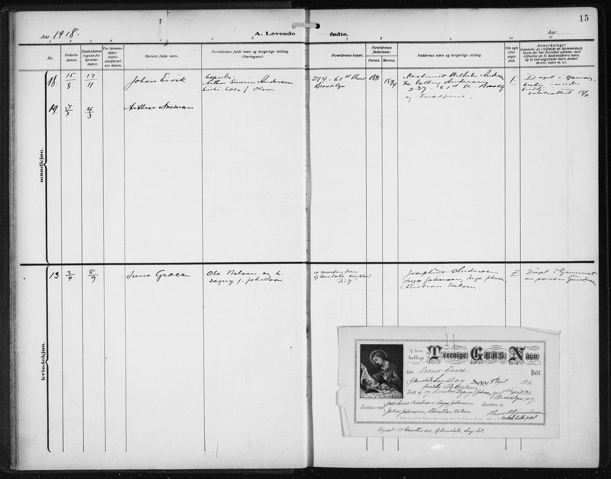 Den norske sjømannsmisjon i utlandet/New York, SAB/SAB/PA-0110/H/Ha/L0007: Parish register (official) no. A 7, 1915-1923, p. 15