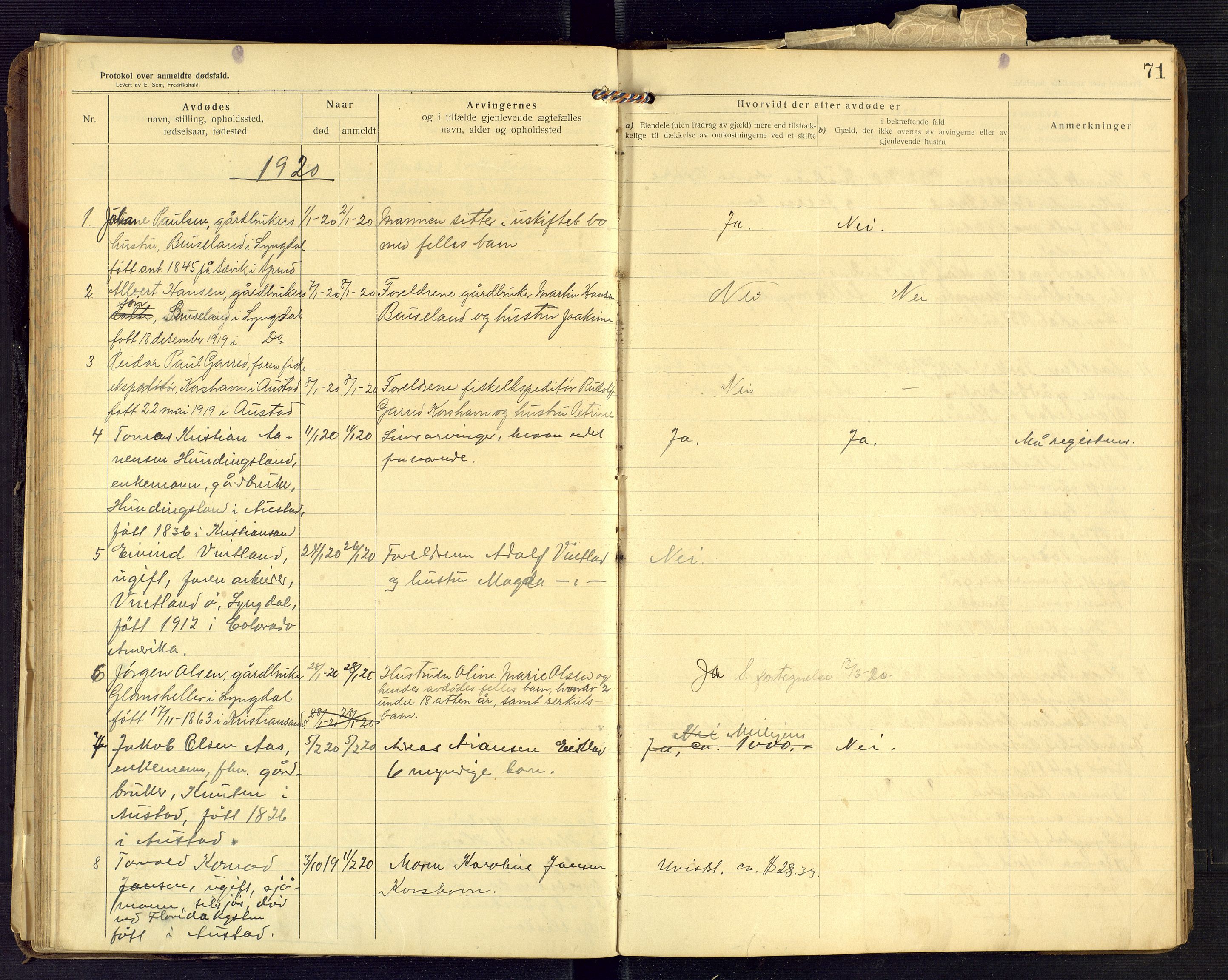 Lyngdal lensmannskontor, AV/SAK-1241-0031/F/Fe/L0001/0003: Dødsfall nr 8 / Dødsfallsprotokoll, 1914-1923, p. 71