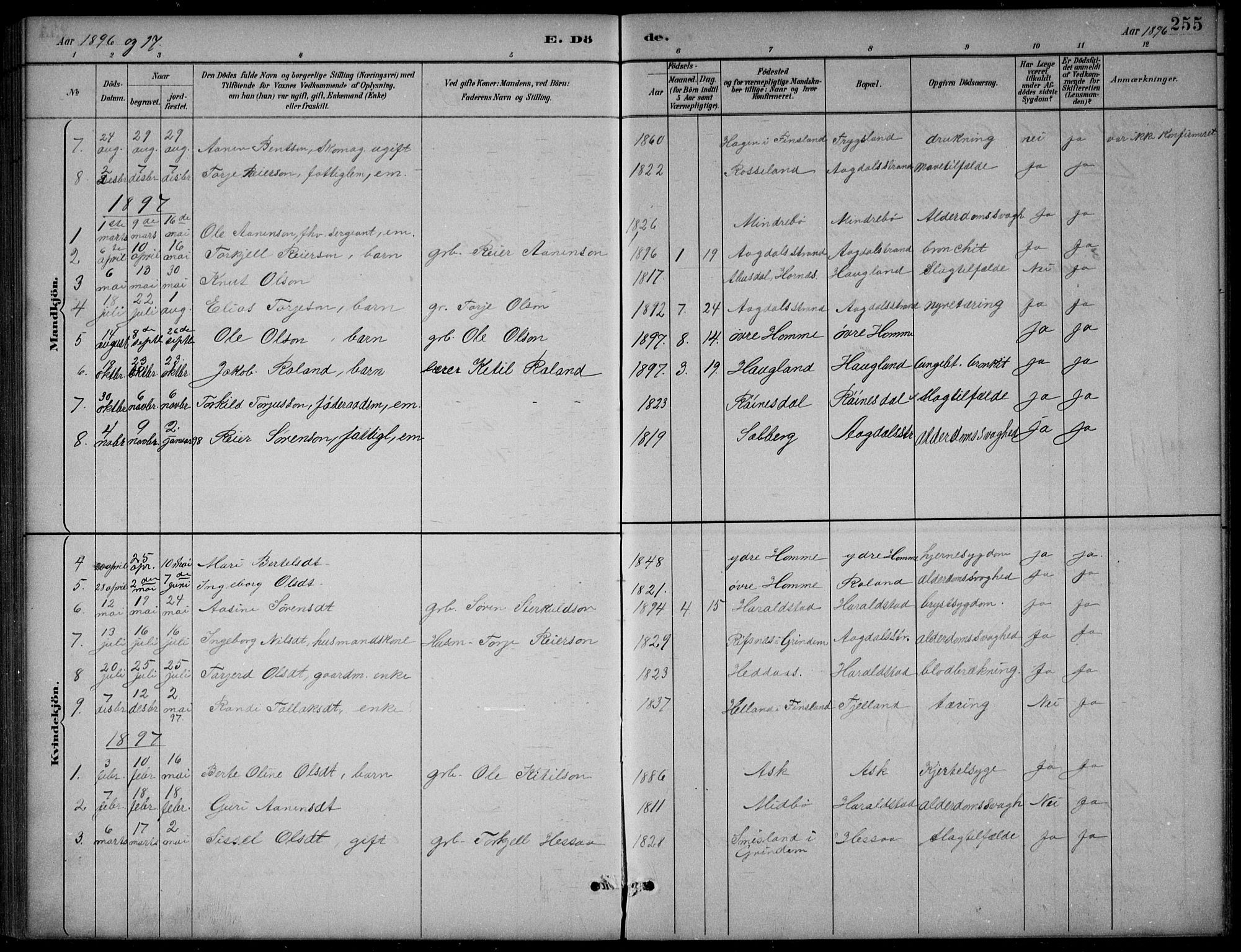 Bjelland sokneprestkontor, SAK/1111-0005/F/Fb/Fba/L0005: Parish register (copy) no. B 5, 1887-1923, p. 255
