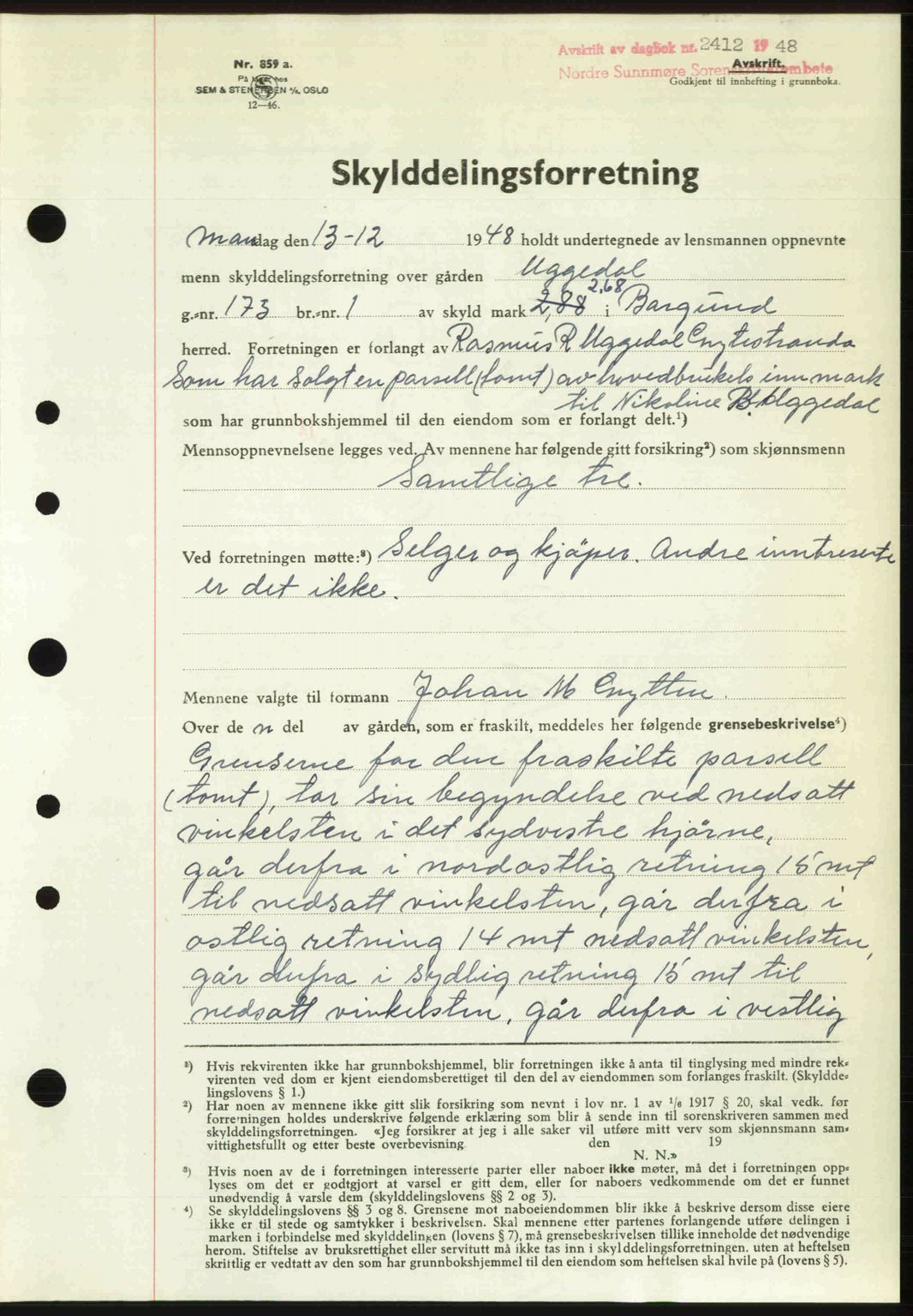 Nordre Sunnmøre sorenskriveri, AV/SAT-A-0006/1/2/2C/2Ca: Mortgage book no. A29, 1948-1949, Diary no: : 2412/1948