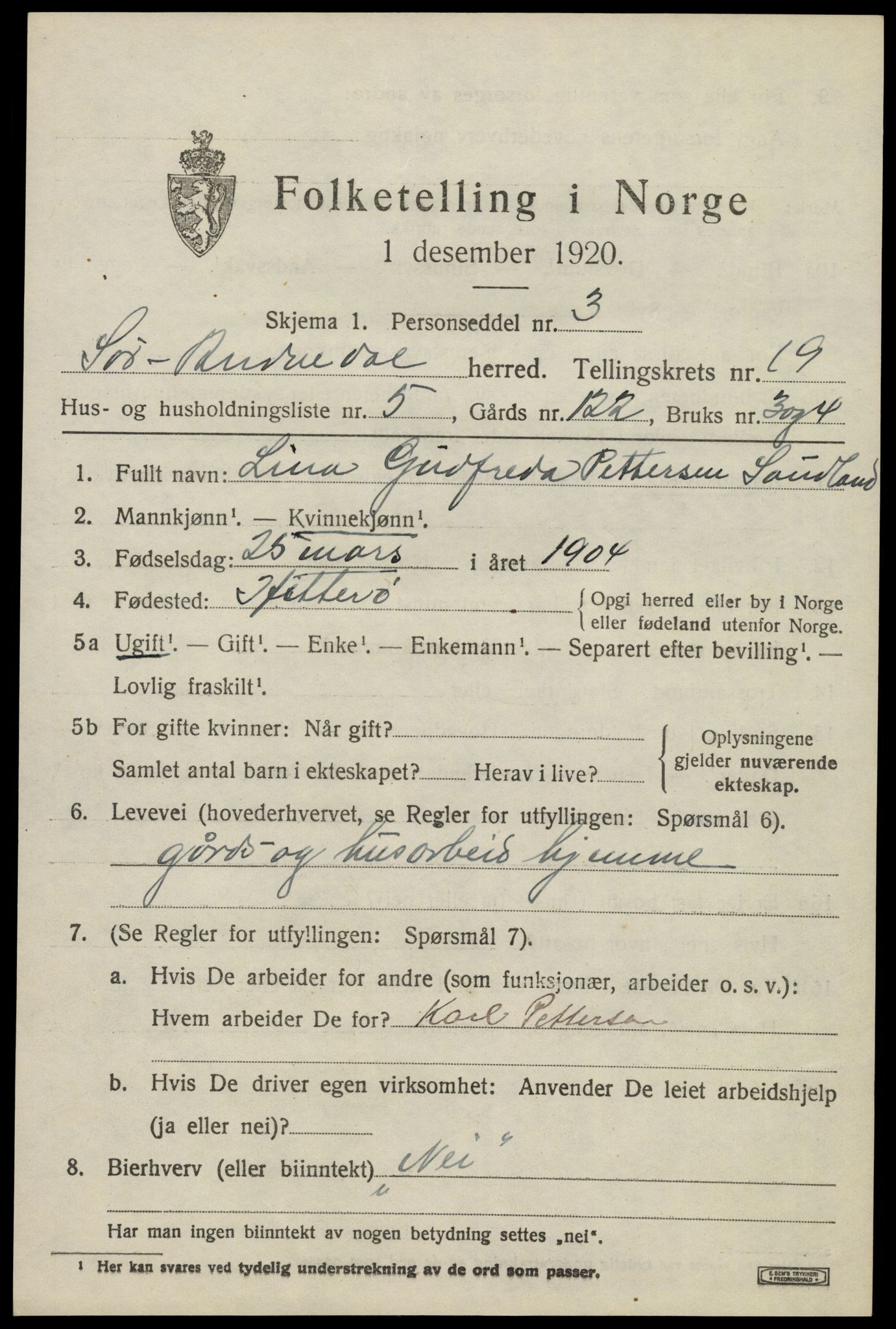 SAK, 1920 census for Sør-Audnedal, 1920, p. 6631