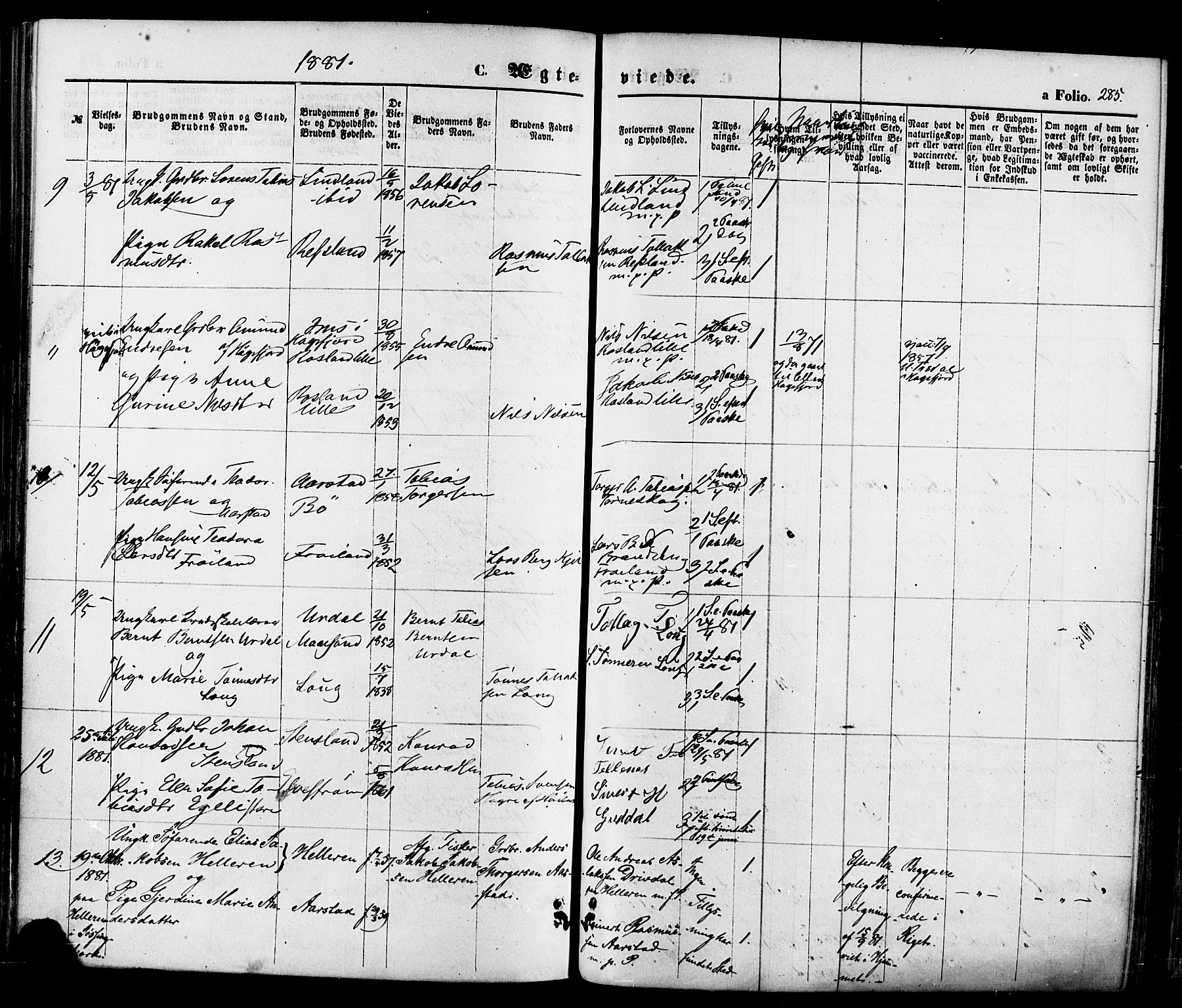 Sokndal sokneprestkontor, AV/SAST-A-101808: Parish register (official) no. A 10, 1874-1886, p. 285