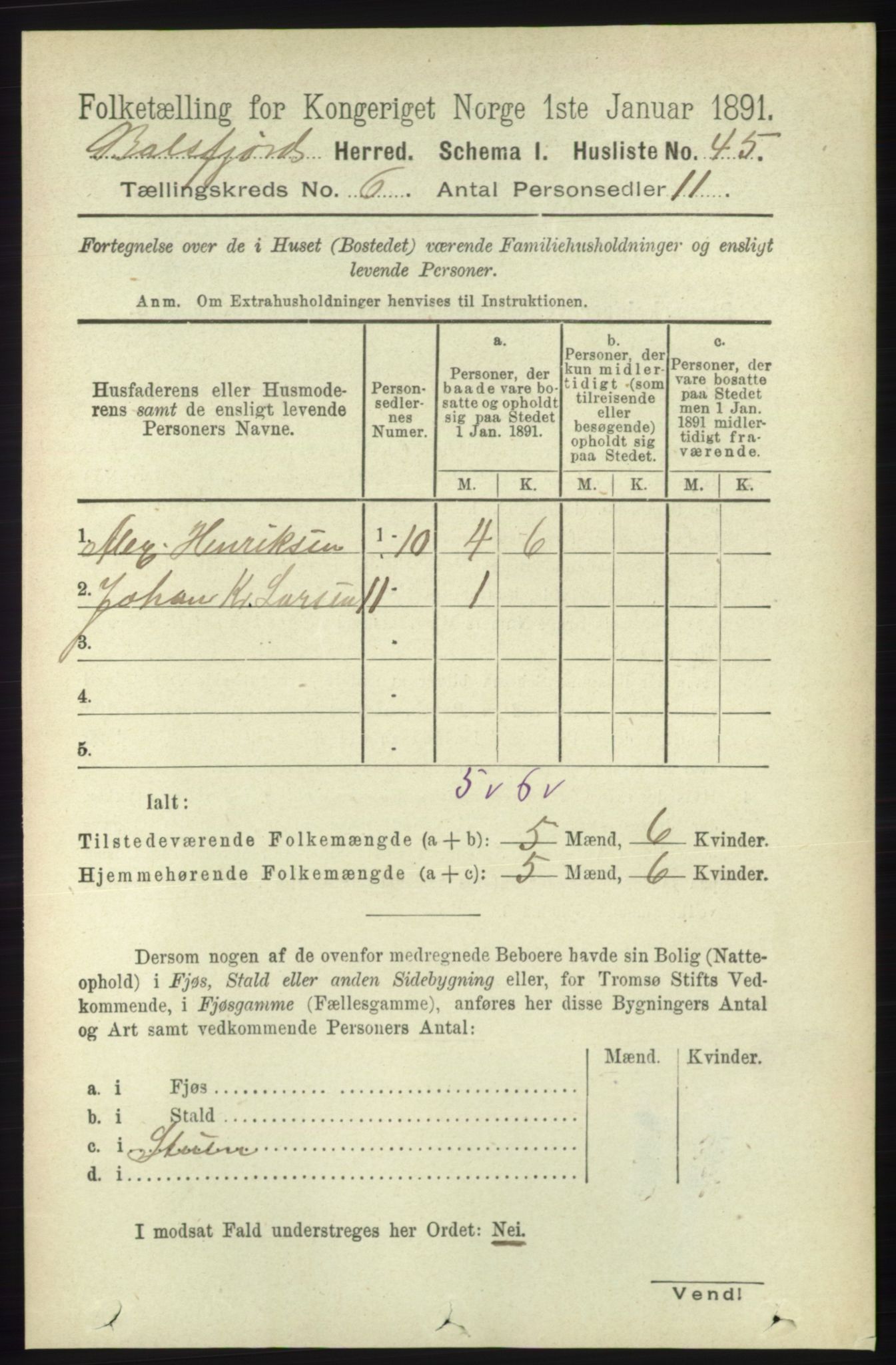 RA, 1891 census for 1933 Balsfjord, 1891, p. 1586