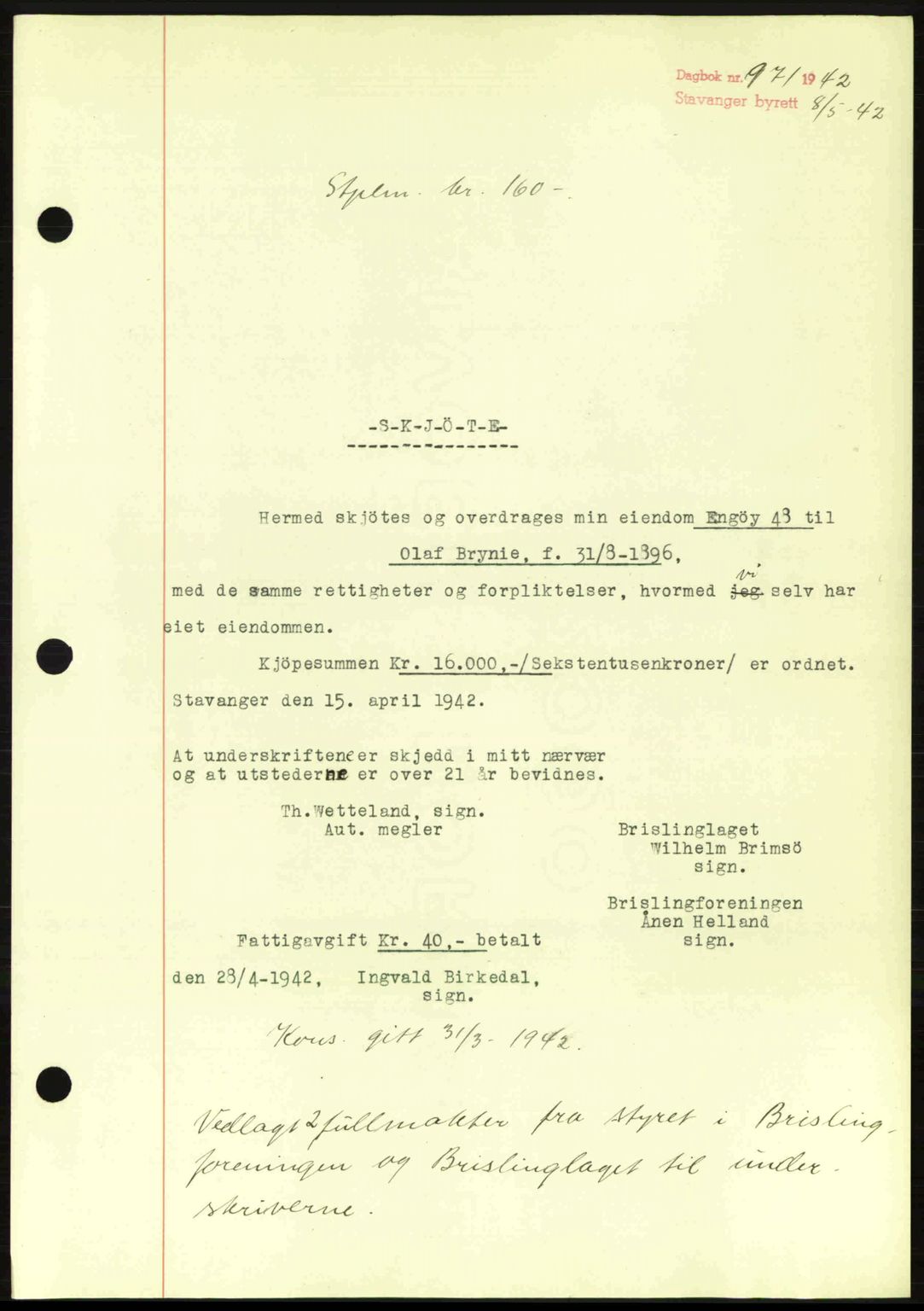 Stavanger byrett, SAST/A-100455/002/G/Gb/L0017: Mortgage book no. A7, 1941-1943, Diary no: : 971/1942