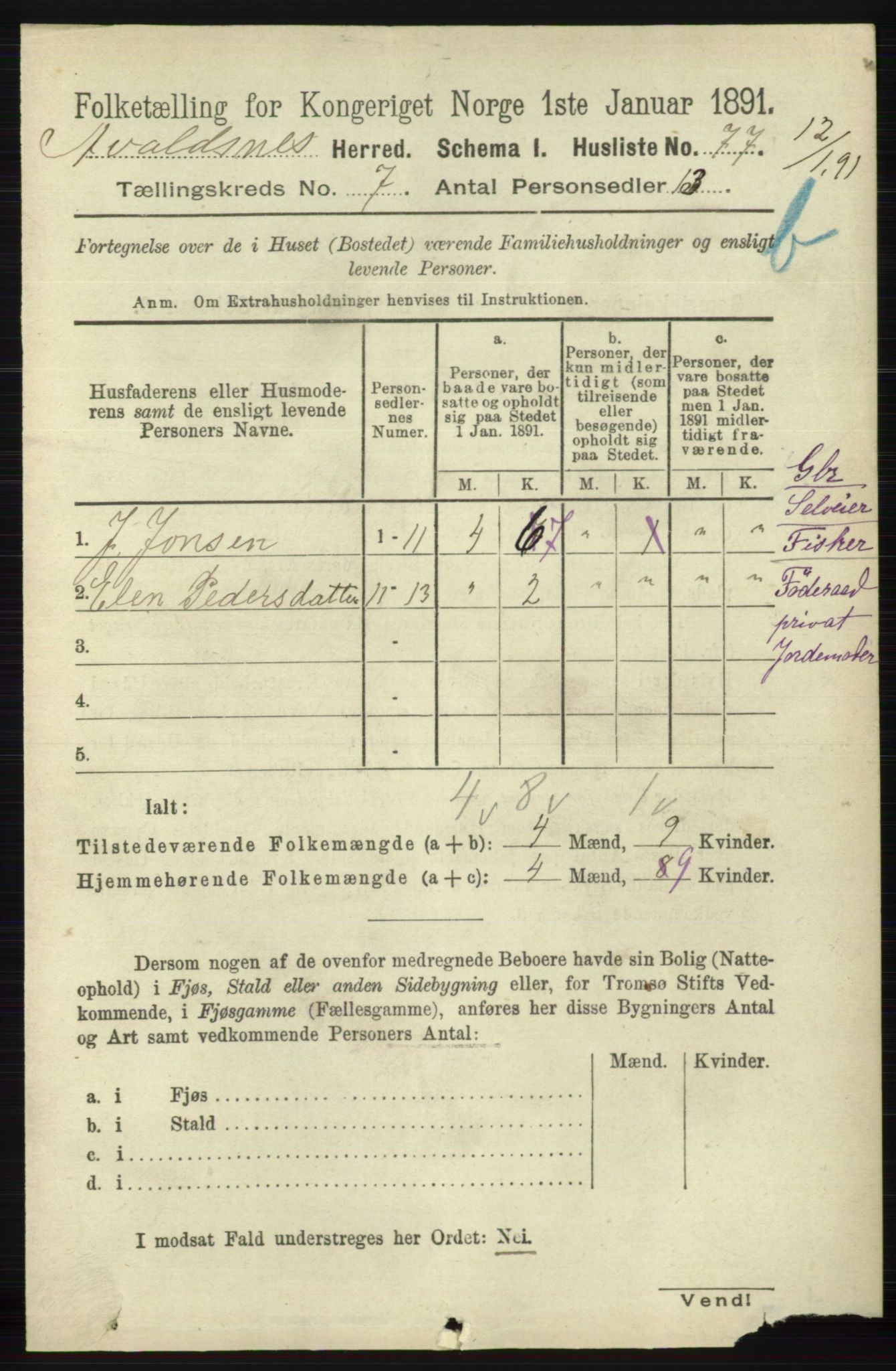 RA, 1891 census for 1147 Avaldsnes, 1891, p. 3659