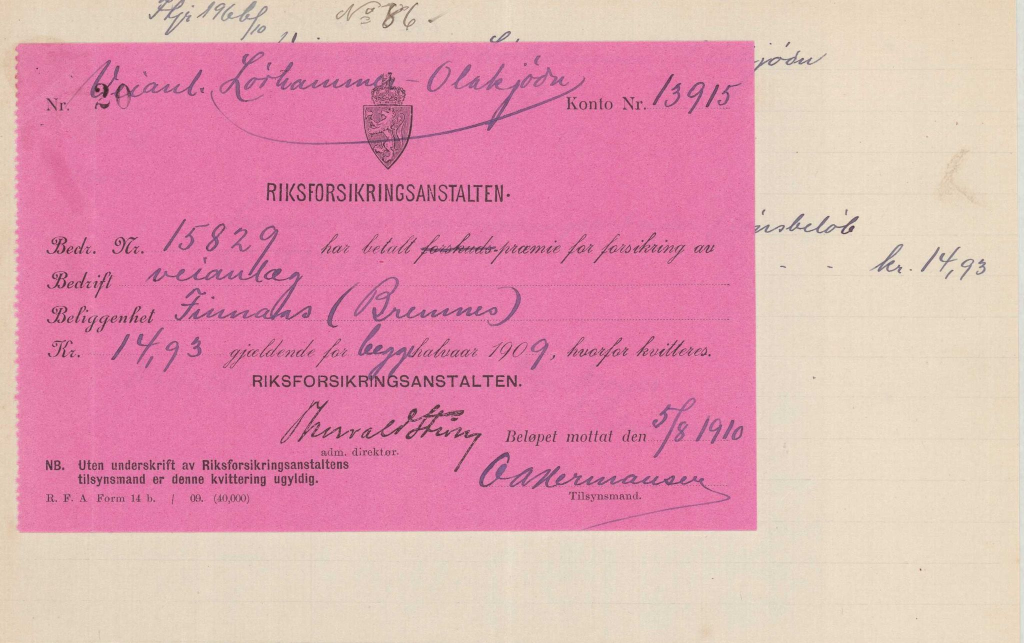 Finnaas kommune. Formannskapet, IKAH/1218a-021/E/Ea/L0001/0003: Rekneskap for veganlegg / Rekneskap for veganlegget Laurhammer - Olakjødn, 1909-1911, p. 47