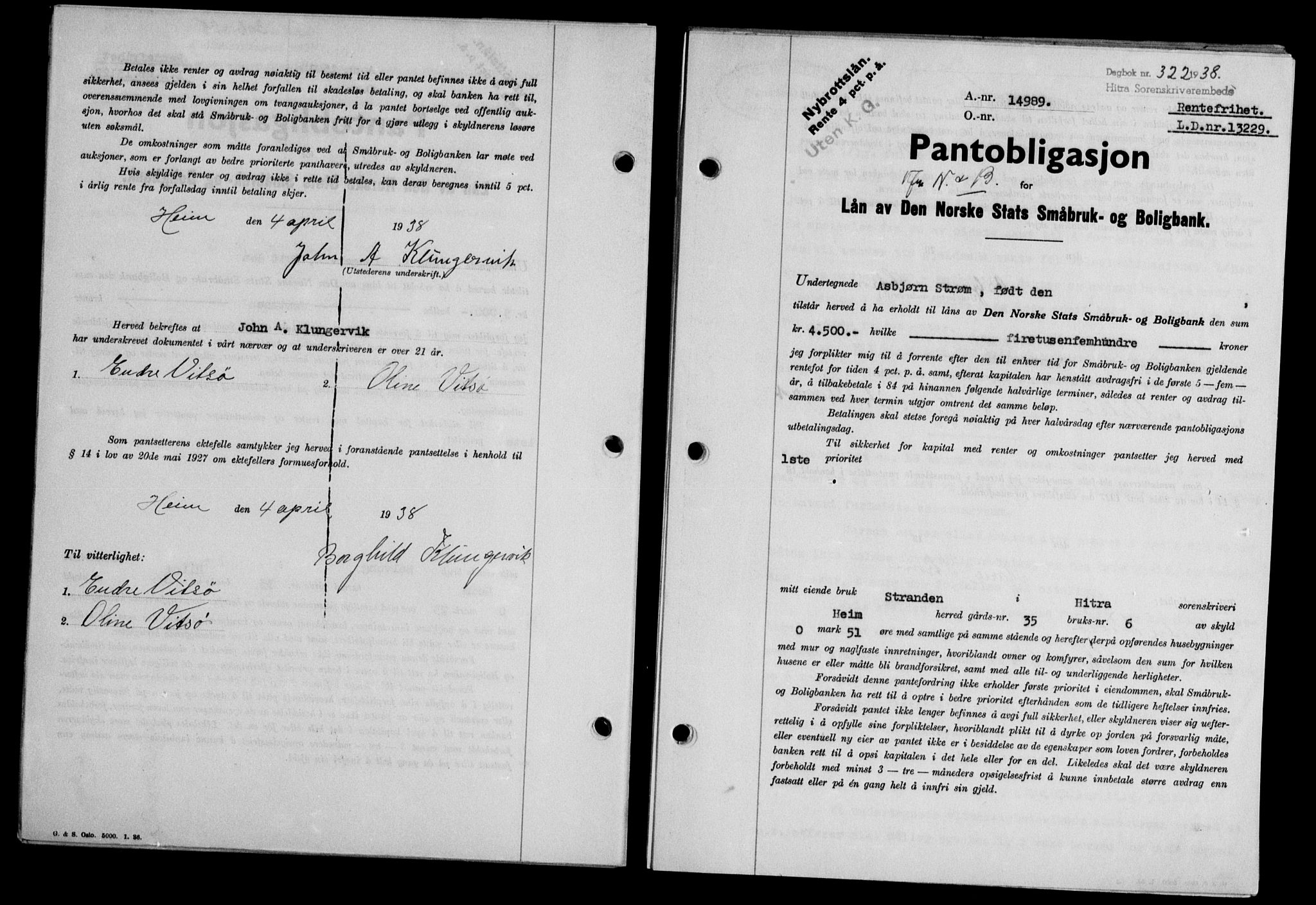 Hitra sorenskriveri, AV/SAT-A-0018/2/2C/2Ca/L0028: Mortgage book no. B-1, 1936-1939, Diary no: : 322/1938