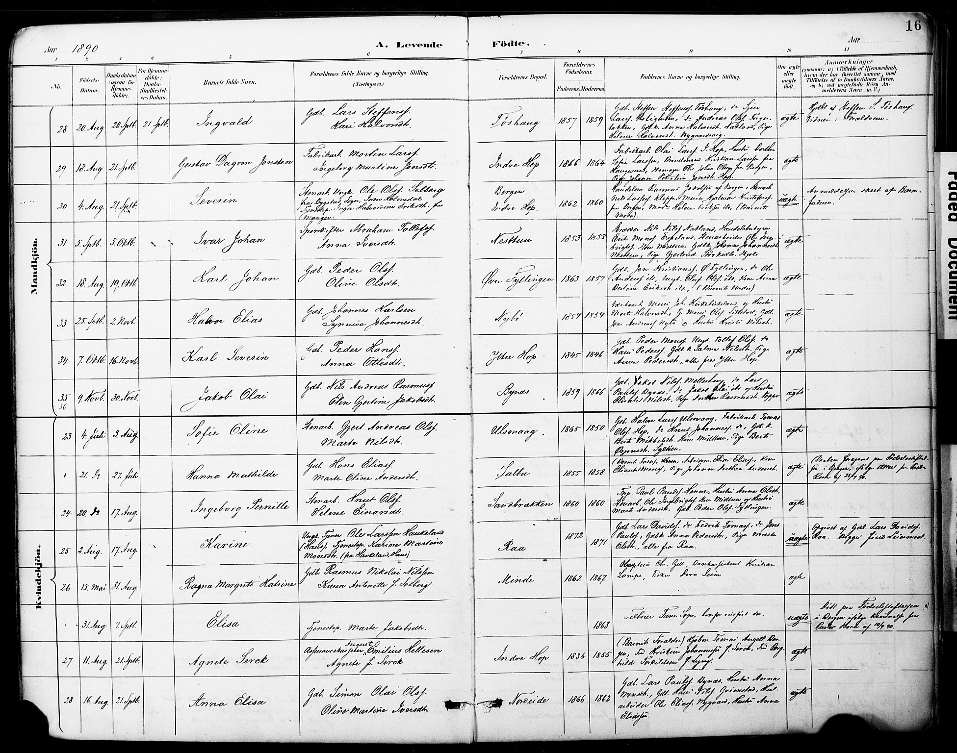 Fana Sokneprestembete, AV/SAB-A-75101/H/Haa/Haai/L0002: Parish register (official) no. I 2, 1888-1899, p. 16