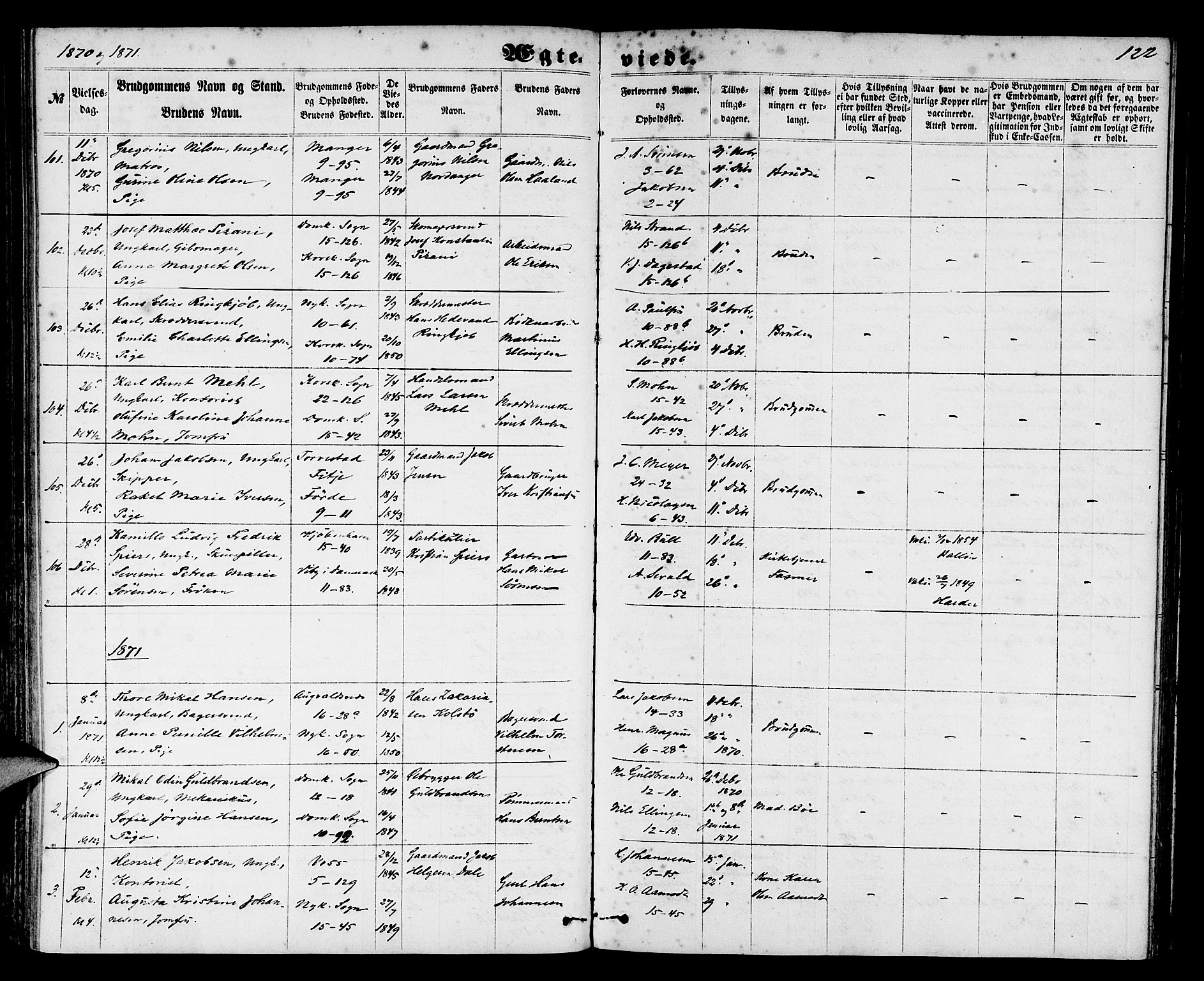 Domkirken sokneprestembete, SAB/A-74801/H/Hab/L0030: Parish register (copy) no. D 2, 1857-1876, p. 122