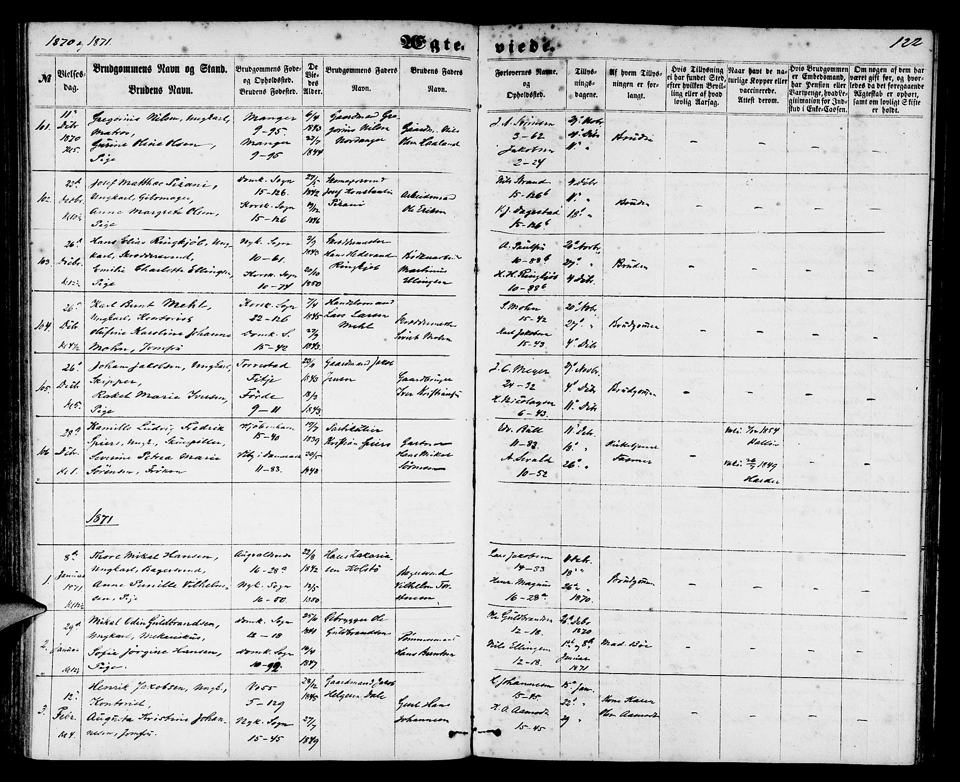 Domkirken sokneprestembete, AV/SAB-A-74801/H/Hab/L0030: Parish register (copy) no. D 2, 1857-1876, p. 122