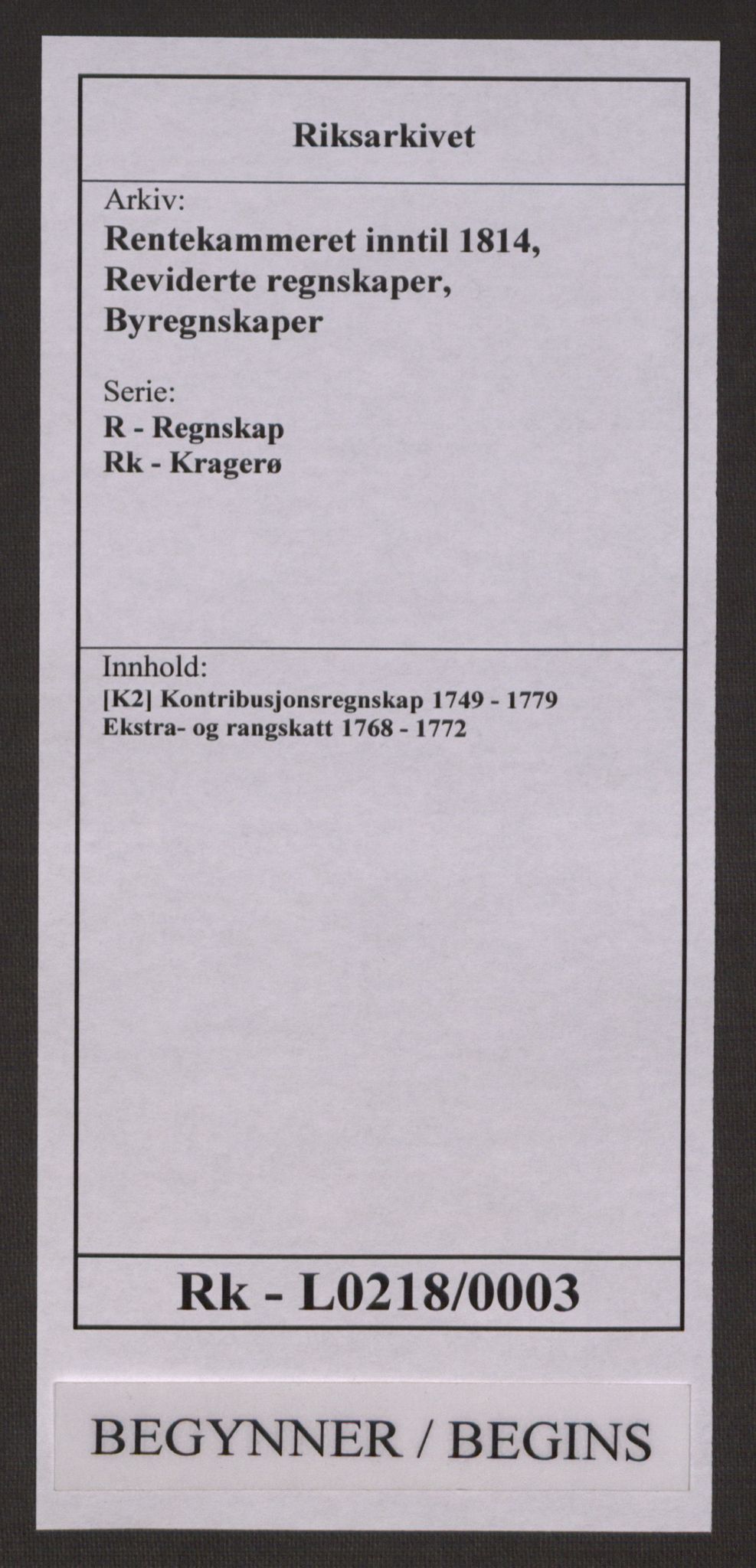Rentekammeret inntil 1814, Reviderte regnskaper, Byregnskaper, RA/EA-4066/R/Rk/L0218/0003: [K2] Kontribusjonsregnskap / Ekstra- og rangskatt, 1768-1772, p. 1