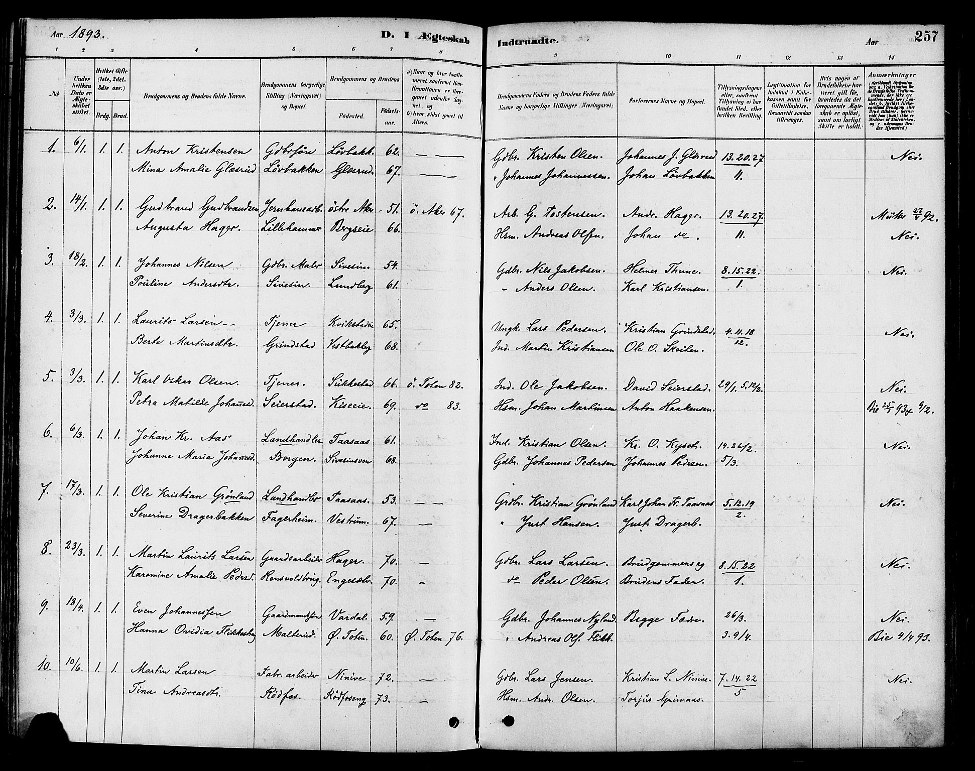 Vestre Toten prestekontor, SAH/PREST-108/H/Ha/Haa/L0009: Parish register (official) no. 9, 1878-1894, p. 257