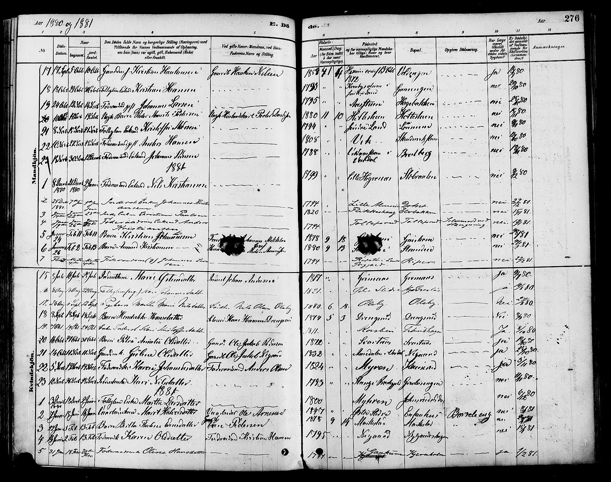 Vestre Toten prestekontor, SAH/PREST-108/H/Ha/Haa/L0009: Parish register (official) no. 9, 1878-1894, p. 276