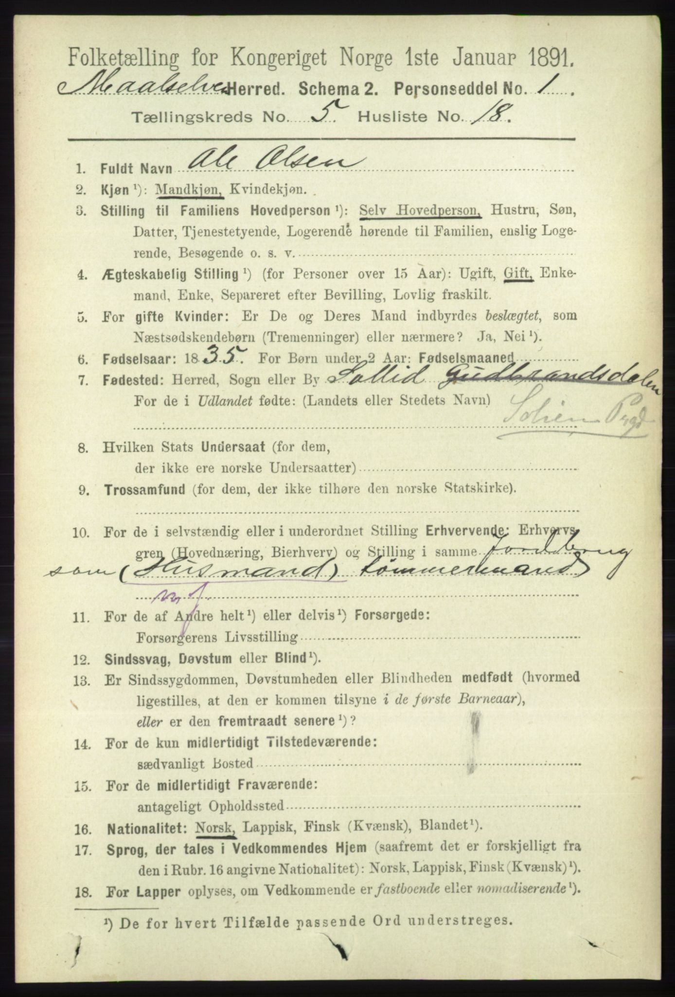 RA, 1891 census for 1924 Målselv, 1891, p. 1746