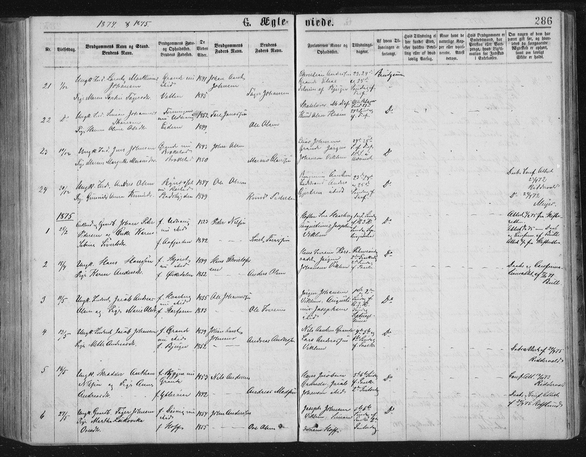Ministerialprotokoller, klokkerbøker og fødselsregistre - Sør-Trøndelag, SAT/A-1456/659/L0745: Parish register (copy) no. 659C02, 1869-1892, p. 286