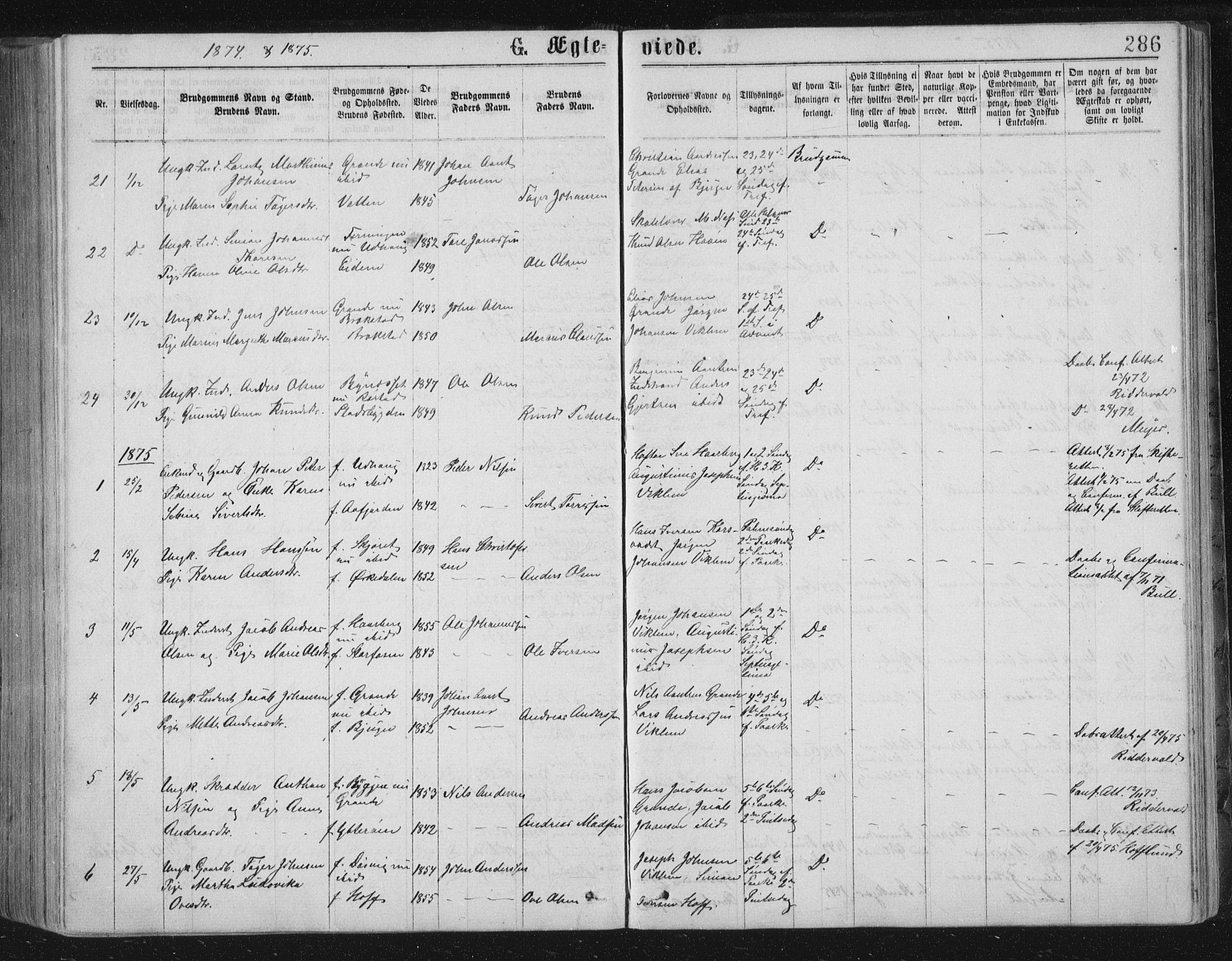 Ministerialprotokoller, klokkerbøker og fødselsregistre - Sør-Trøndelag, AV/SAT-A-1456/659/L0745: Parish register (copy) no. 659C02, 1869-1892, p. 286