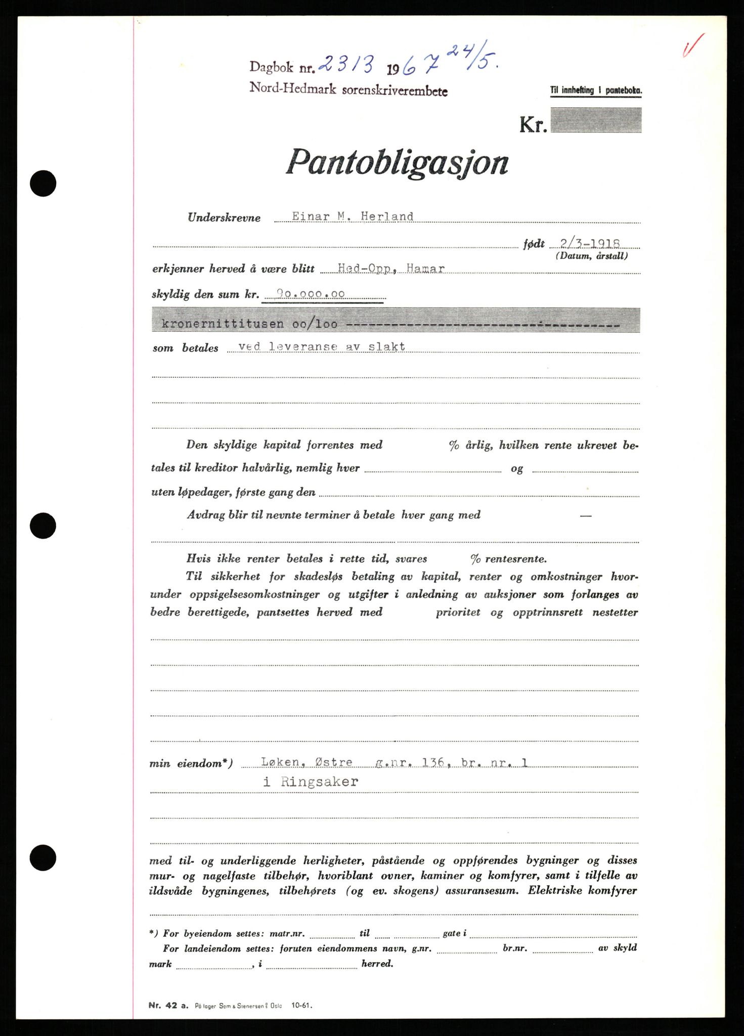 Nord-Hedmark sorenskriveri, AV/SAH-TING-012/H/Hb/Hbf/L0071: Mortgage book no. B71, 1967-1967, Diary no: : 2313/1967