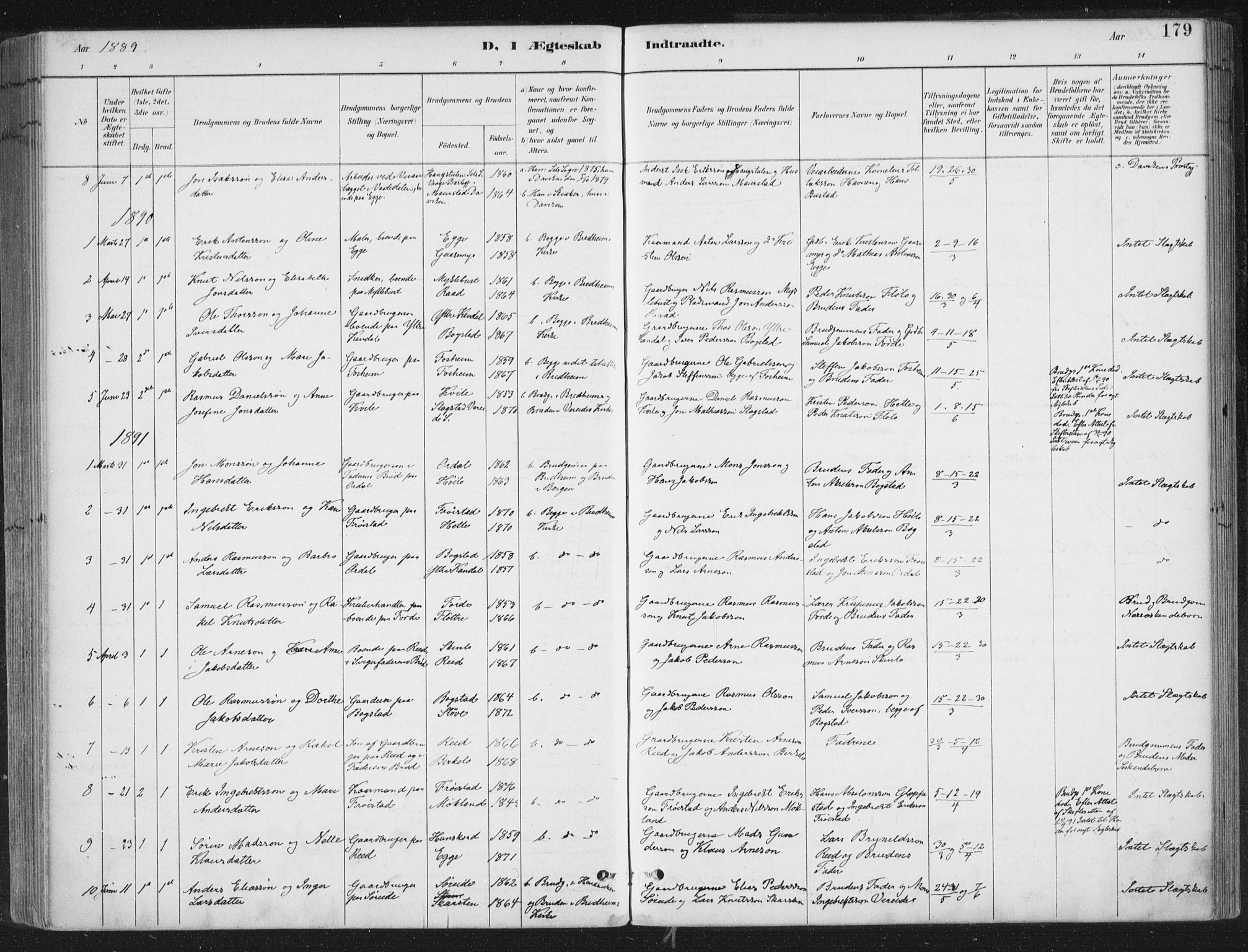 Gloppen sokneprestembete, SAB/A-80101/H/Haa/Haac/L0002: Parish register (official) no. C  2, 1887-1904, p. 179