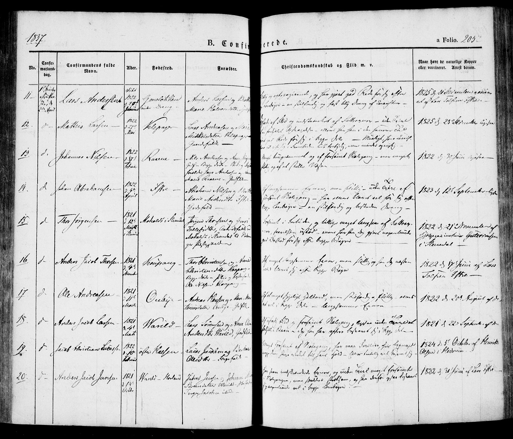 Tjølling kirkebøker, AV/SAKO-A-60/F/Fa/L0006: Parish register (official) no. 6, 1835-1859, p. 205