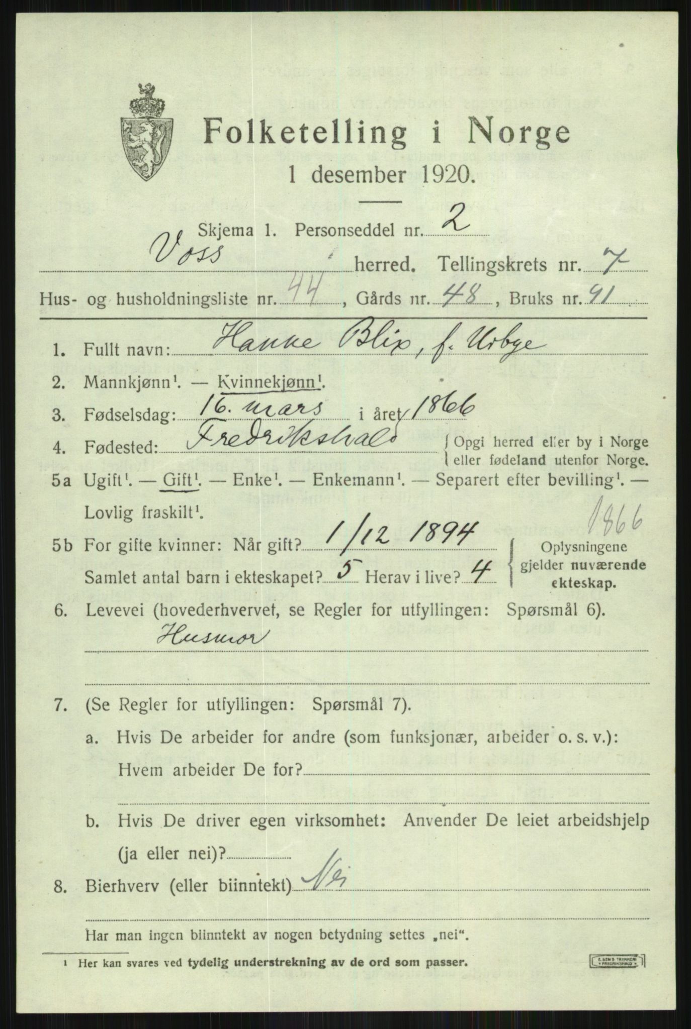 SAB, 1920 census for Voss, 1920, p. 7489