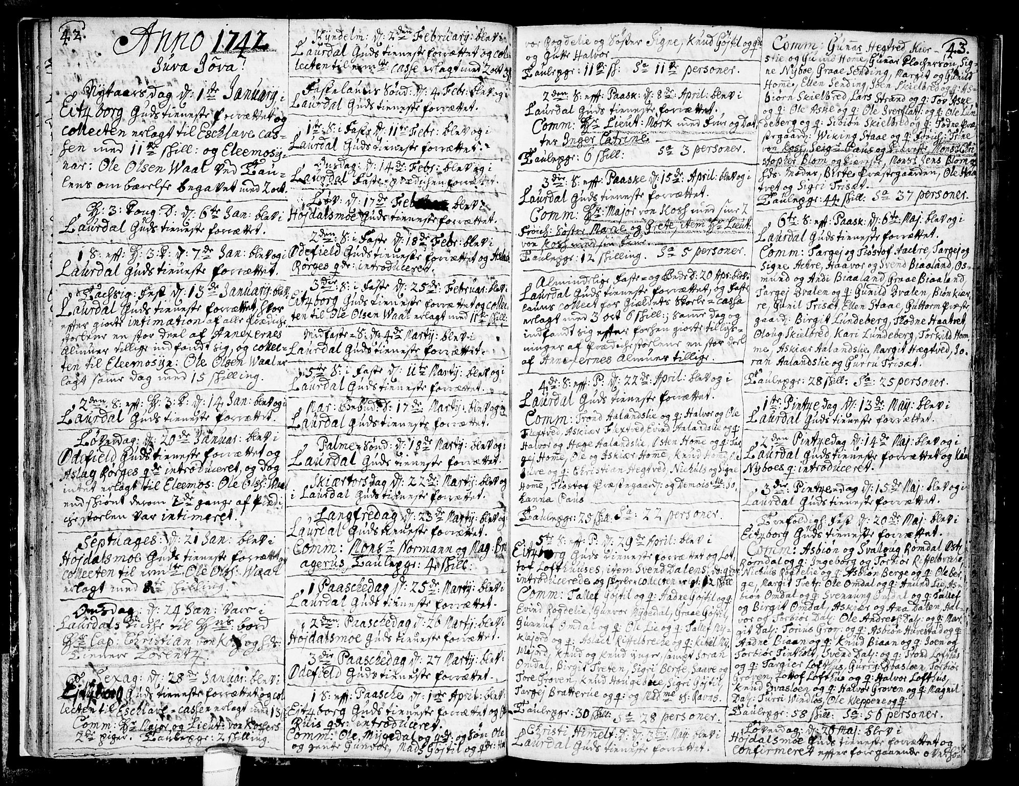 Lårdal kirkebøker, SAKO/A-284/F/Fa/L0002: Parish register (official) no. I 2, 1734-1754, p. 42-43
