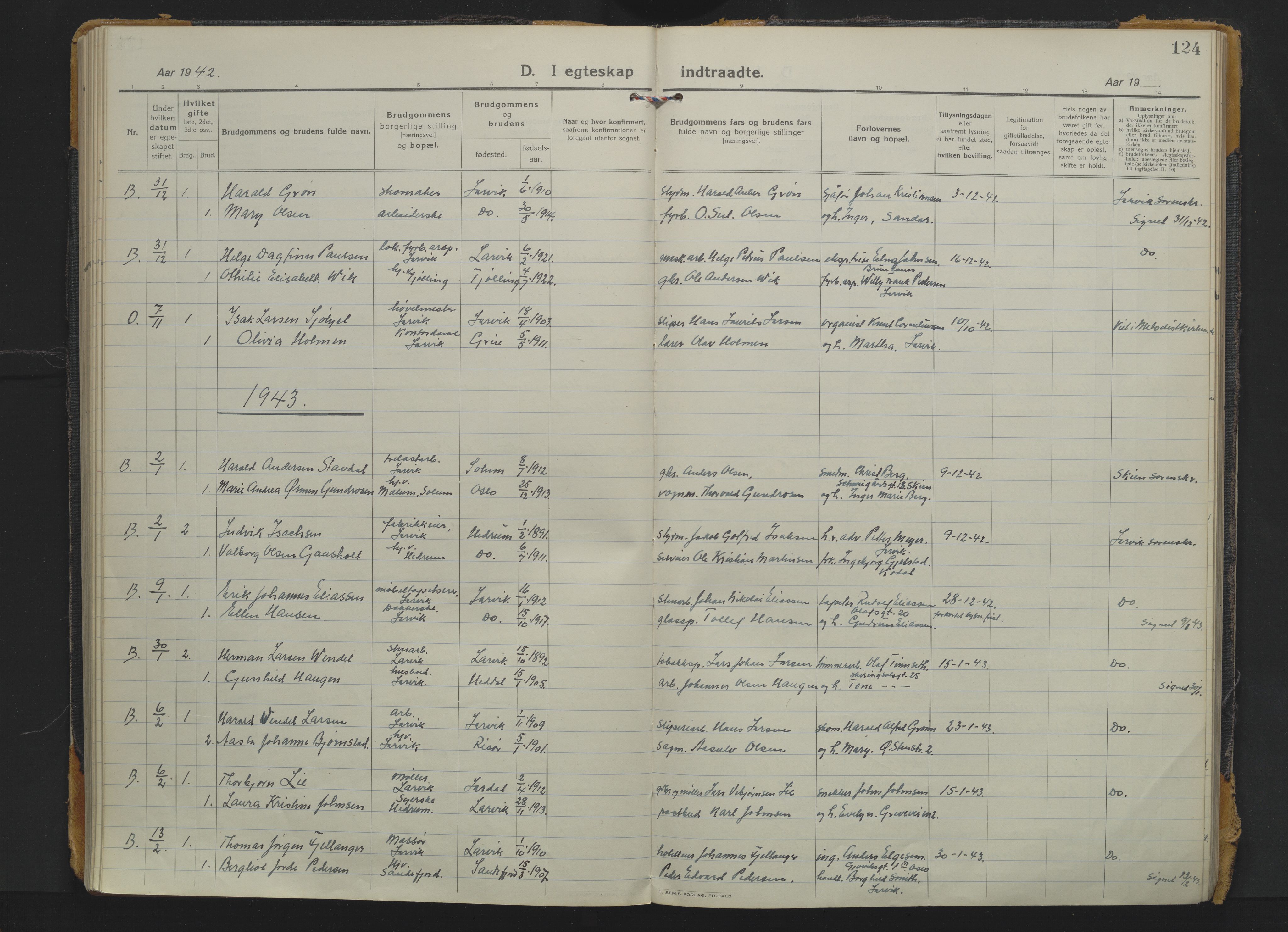 Larvik kirkebøker, AV/SAKO-A-352/F/Fa/L0016: Parish register (official) no. I 16, 1922-1949, p. 124