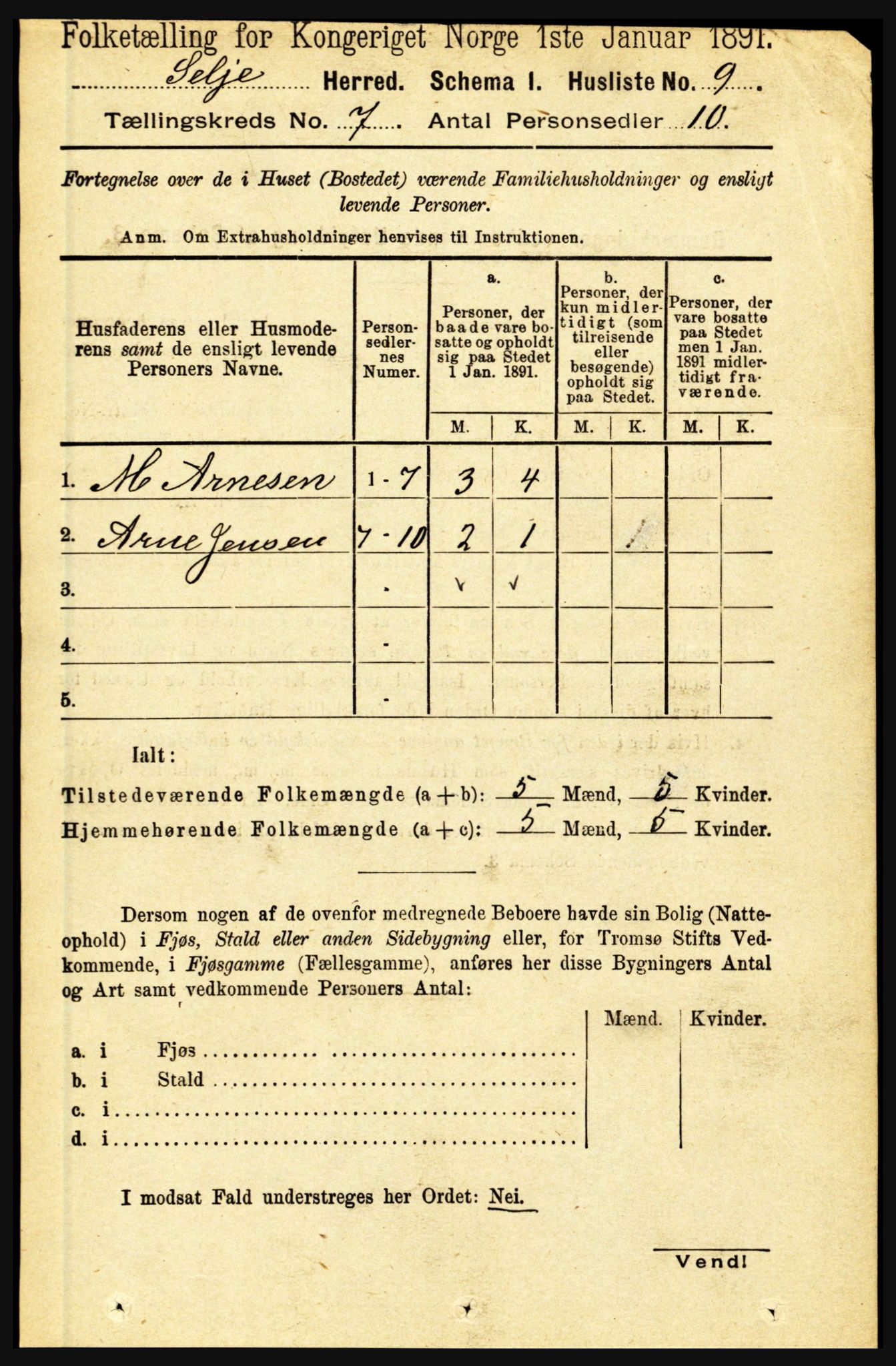 RA, 1891 census for 1441 Selje, 1891, p. 1953