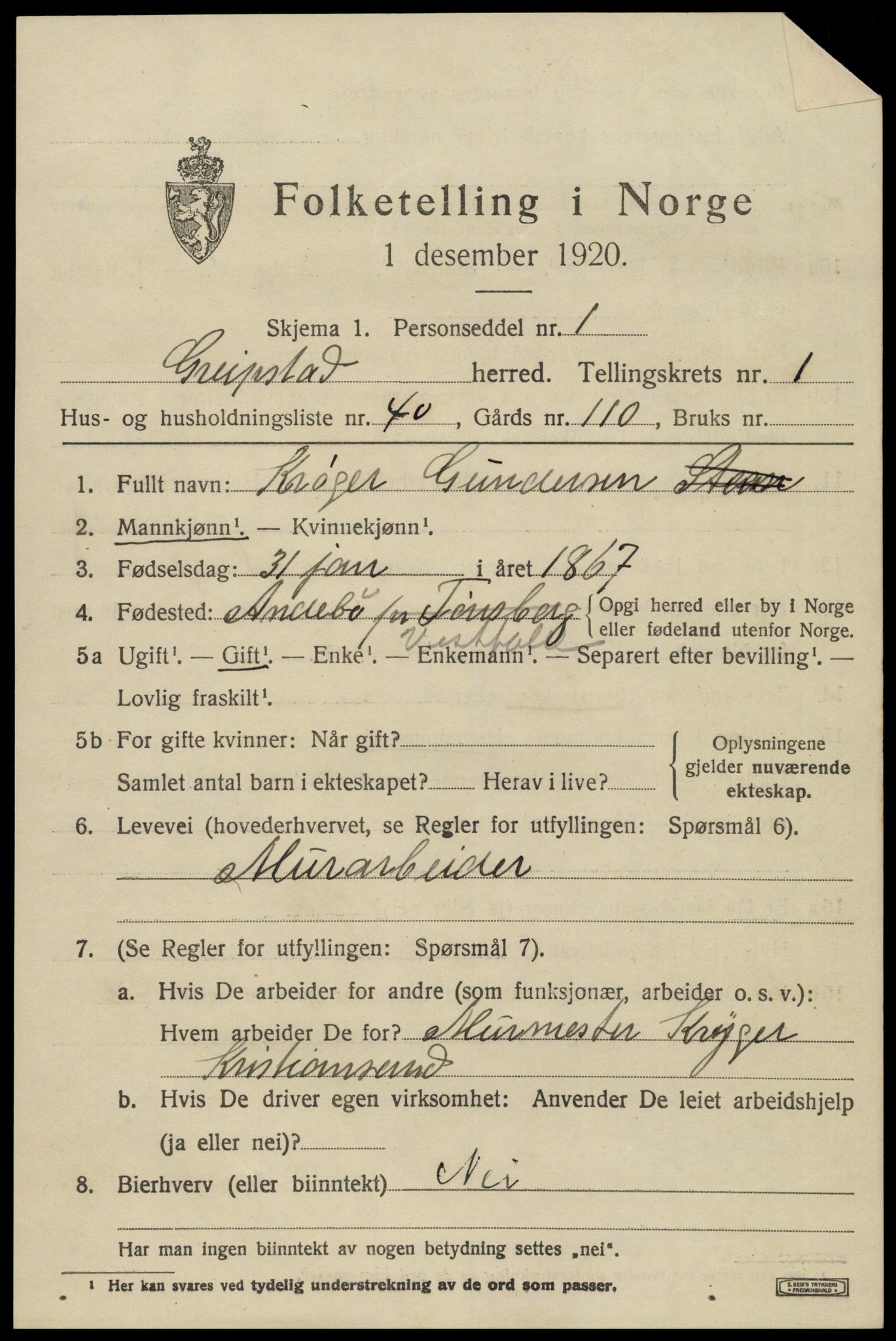 SAK, 1920 census for Greipstad, 1920, p. 862