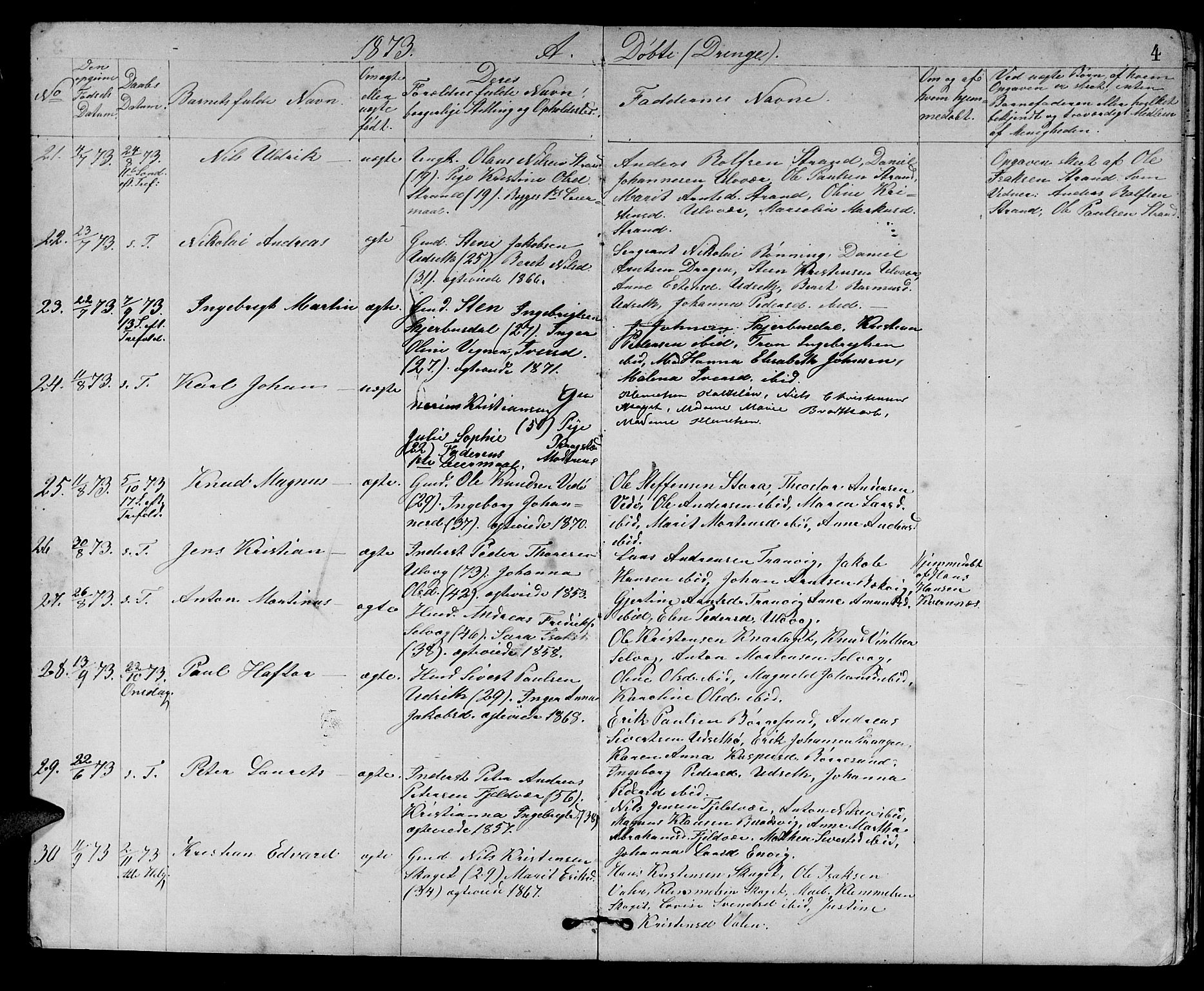 Ministerialprotokoller, klokkerbøker og fødselsregistre - Sør-Trøndelag, AV/SAT-A-1456/637/L0561: Parish register (copy) no. 637C02, 1873-1882, p. 4