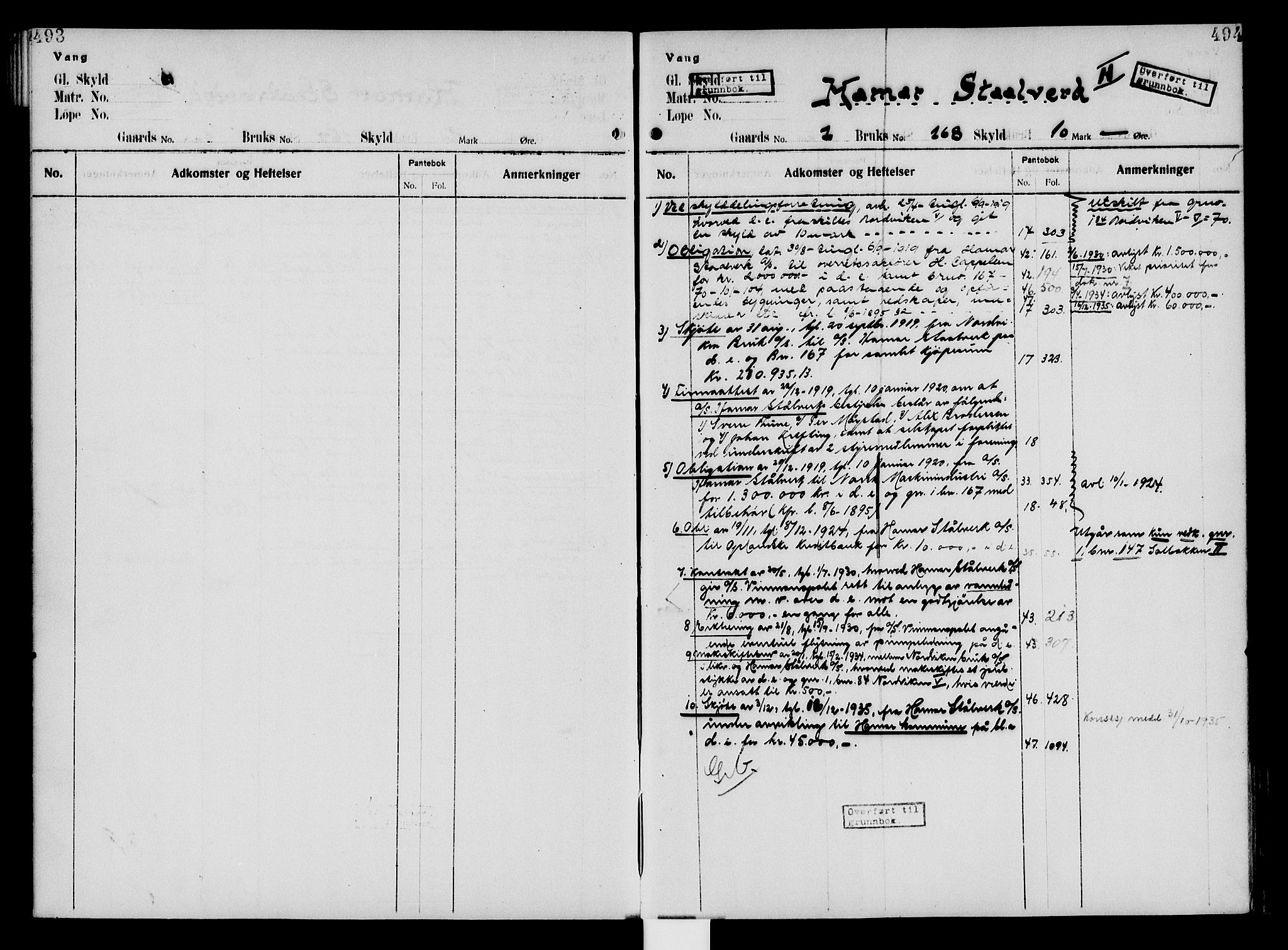 Nord-Hedmark sorenskriveri, SAH/TING-012/H/Ha/Had/Hade/L0005: Mortgage register no. 4.5, 1916-1940, p. 493-494