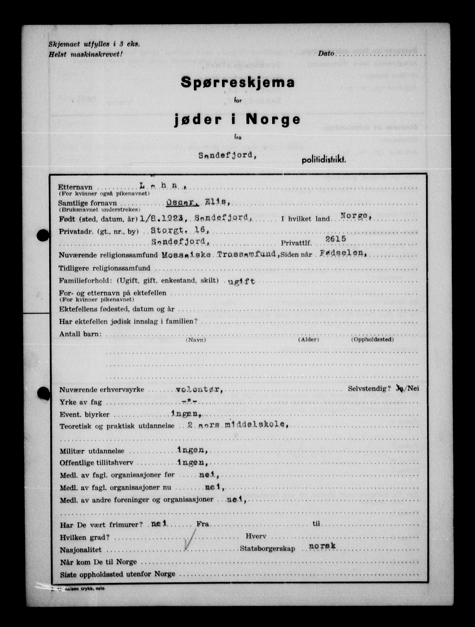 Statspolitiet - Hovedkontoret / Osloavdelingen, AV/RA-S-1329/G/Ga/L0013: Spørreskjema for jøder i Norge. 1: Sandefjord-Trondheim. 2: Tønsberg- Ålesund.  3: Skriv vedr. jøder A-H.  , 1942-1943, p. 11