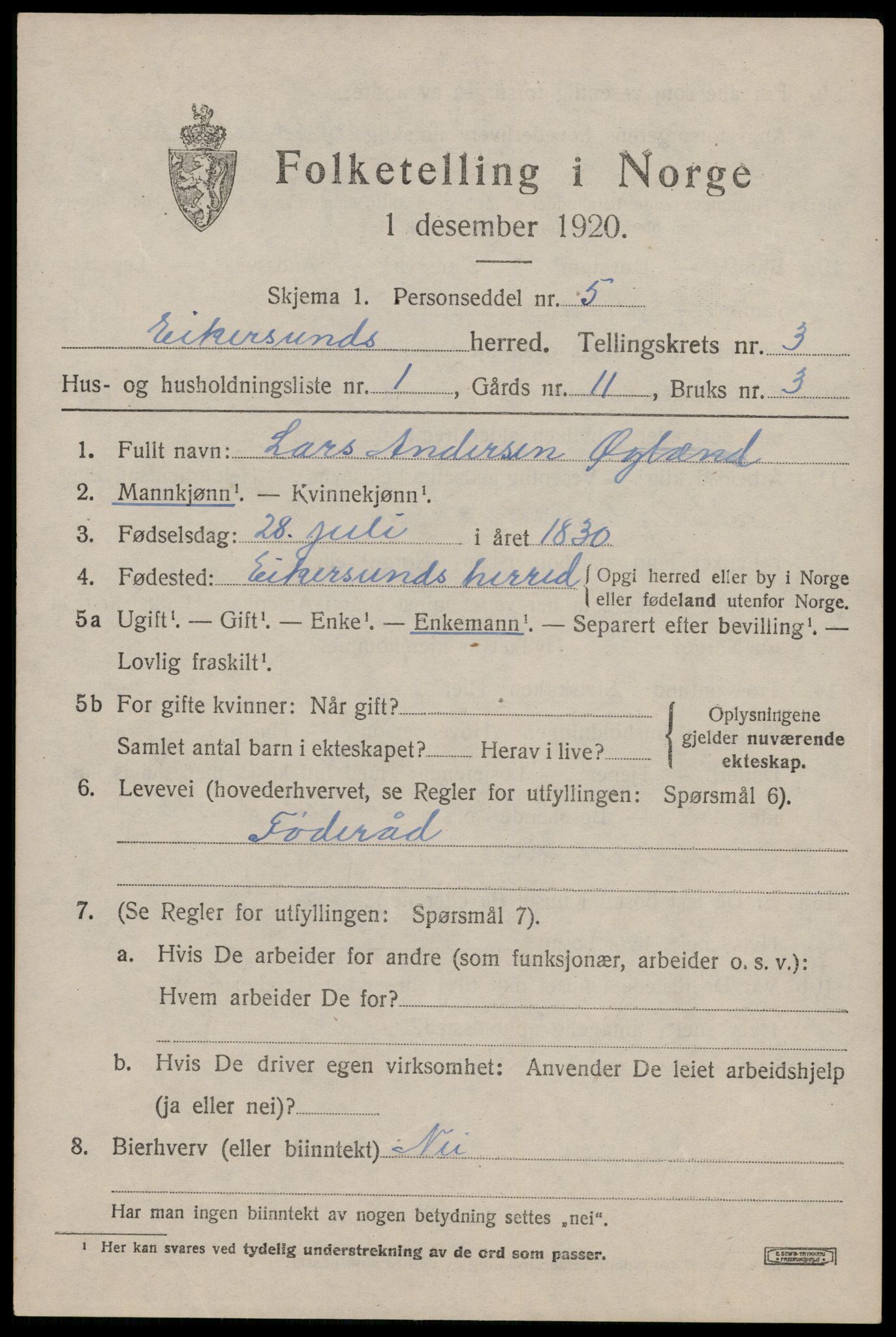 SAST, 1920 census for Eigersund, 1920, p. 2321