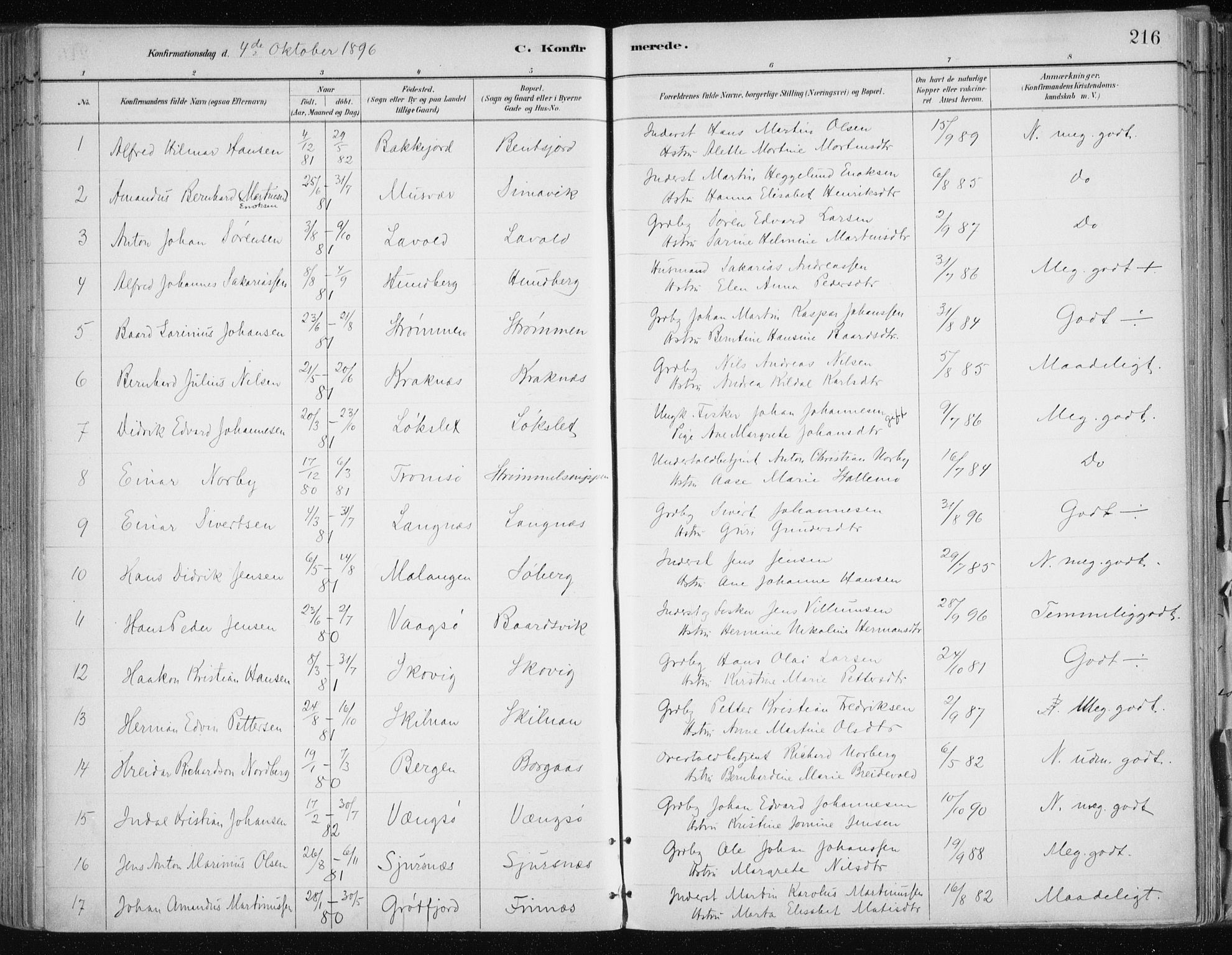 Tromsøysund sokneprestkontor, AV/SATØ-S-1304/G/Ga/L0005kirke: Parish register (official) no. 5, 1888-1896, p. 216