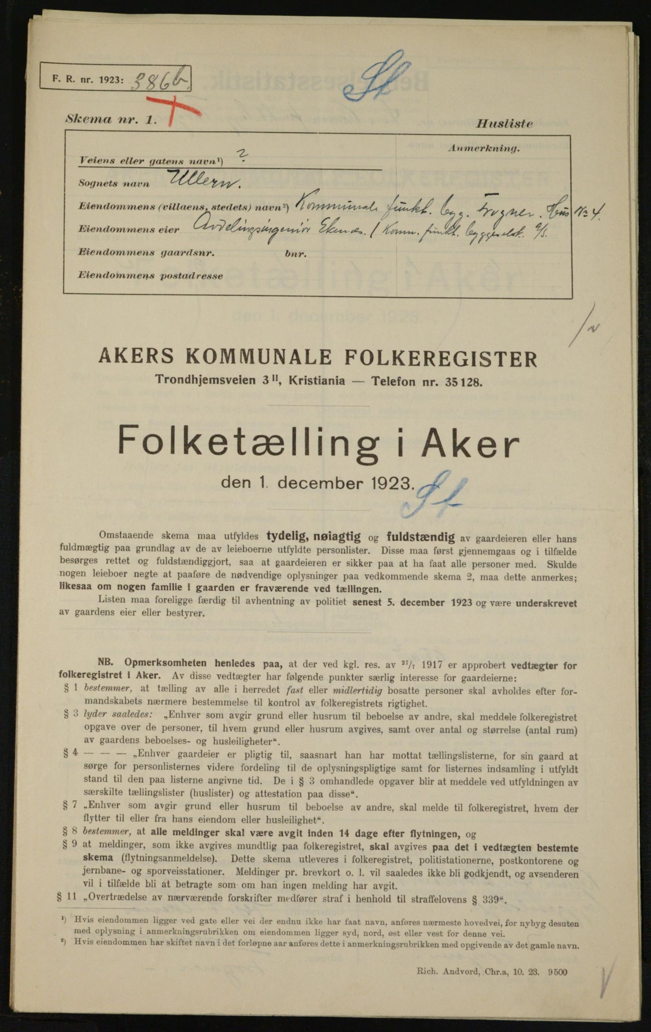 , Municipal Census 1923 for Aker, 1923, p. 9664