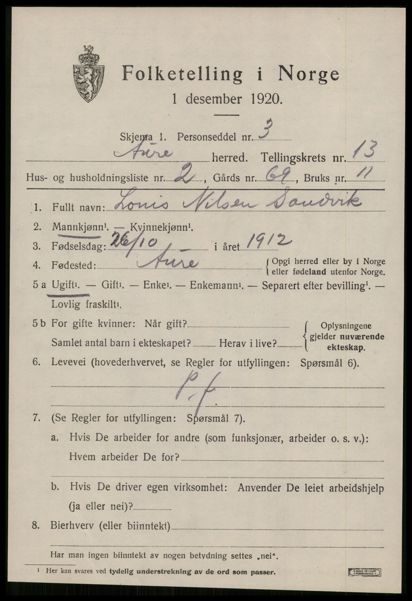 SAT, 1920 census for Aure, 1920, p. 4944