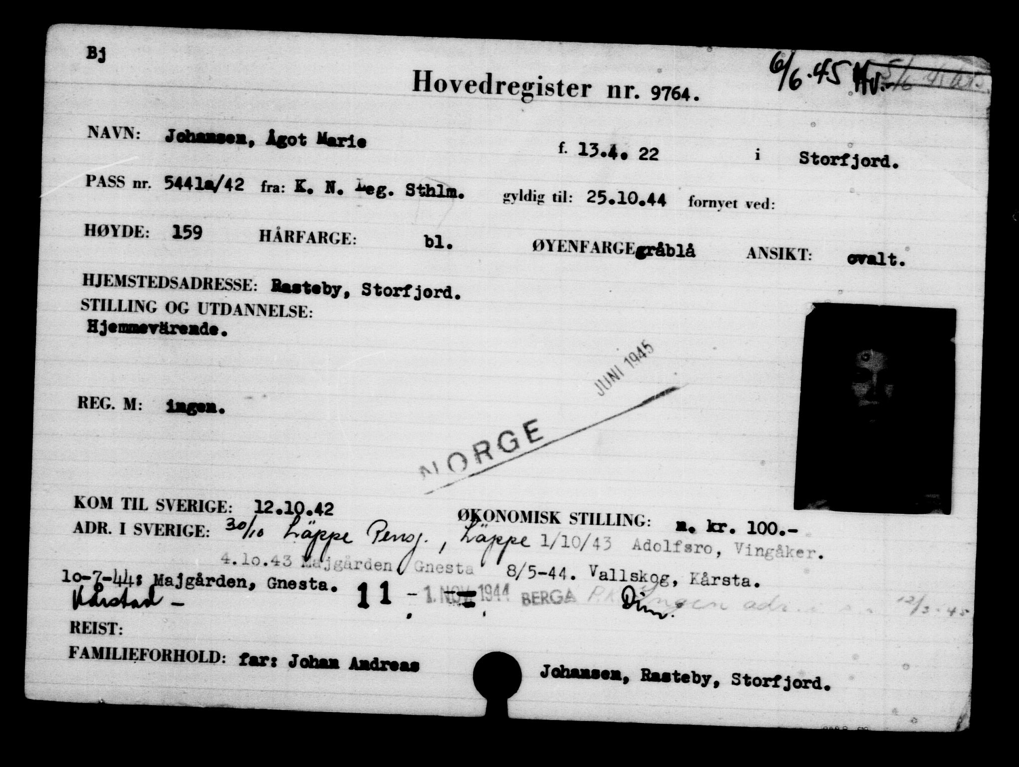 Utenriksstasjonene, Legasjonen i Stockholm, Flyktningkontoret, AV/RA-S-6753/V/Va/L0006: Kjesäterkartoteket, flyktninger med registreringsnr. 9400-12711, 1940-1945, p. 410