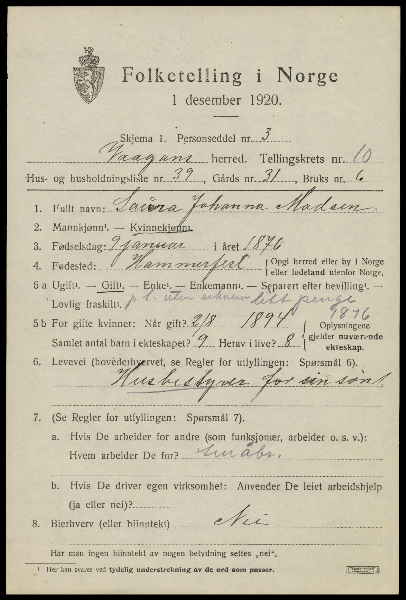 SAT, 1920 census for Vågan, 1920, p. 9309