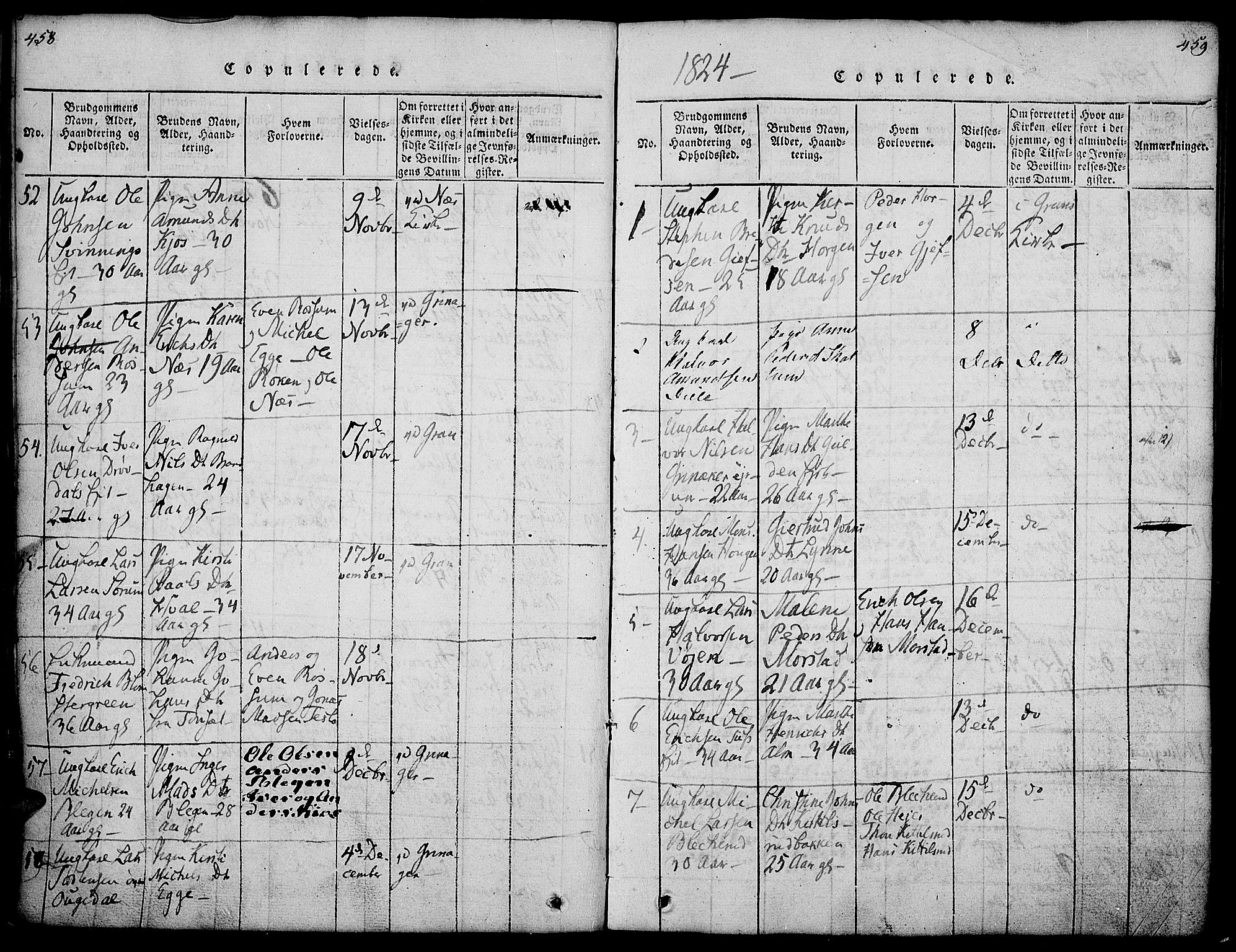 Gran prestekontor, SAH/PREST-112/H/Ha/Haa/L0009: Parish register (official) no. 9, 1815-1824, p. 458-459