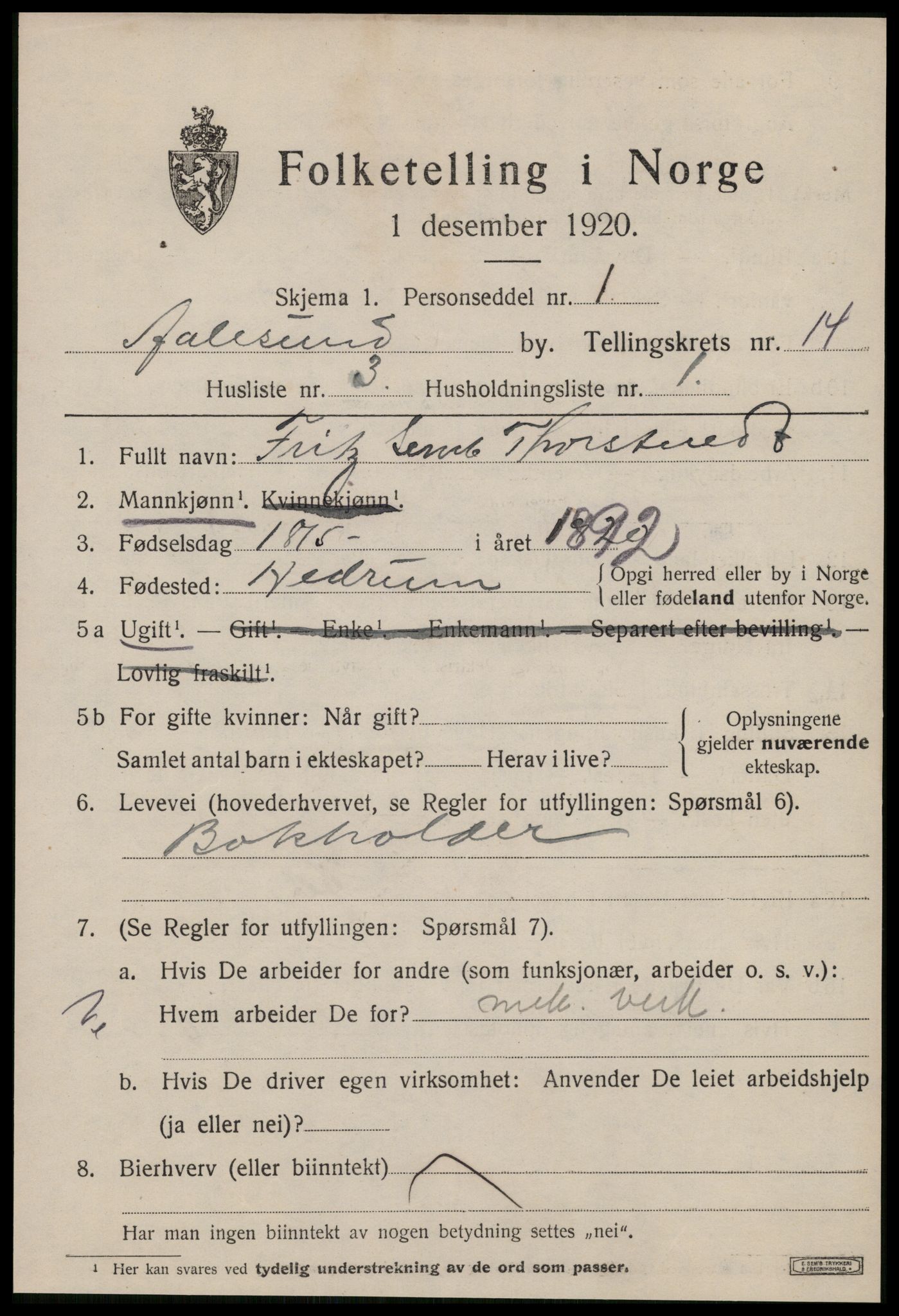 SAT, 1920 census for Ålesund, 1920, p. 28586