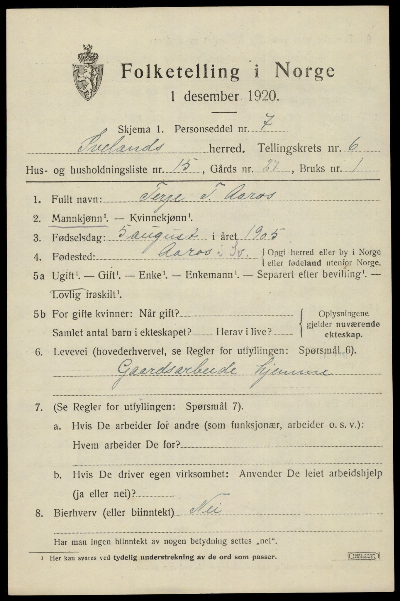 SAK, 1920 census for Iveland, 1920, p. 2117